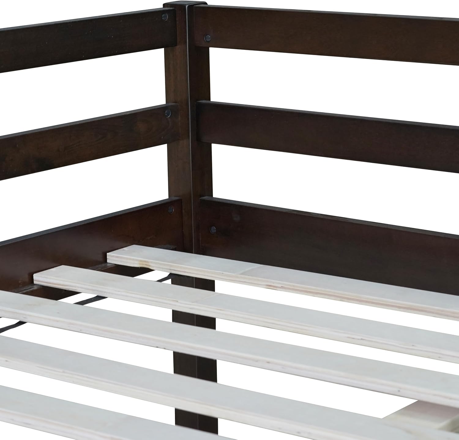 JIVOIT Full Size Bed Frame, Rubber Wood Loft Bed with Ladder, Low Height Design Loft Bed, Central Strengthened Support Slat, No Box Spring Needed