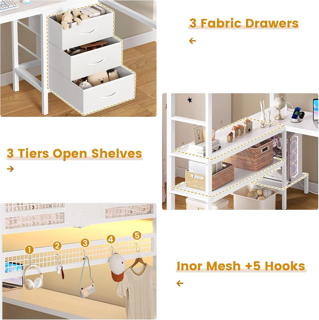 ADORNEVE Loft Bed Full Size with L-Shaped Desk, 3 Storage Drawers, Power Outlet, 3 Storage Shelves, Metal Loft Bed Frame with RGB Lights, Bed with Safety Guardrail & Ladders,Space-Saving, White