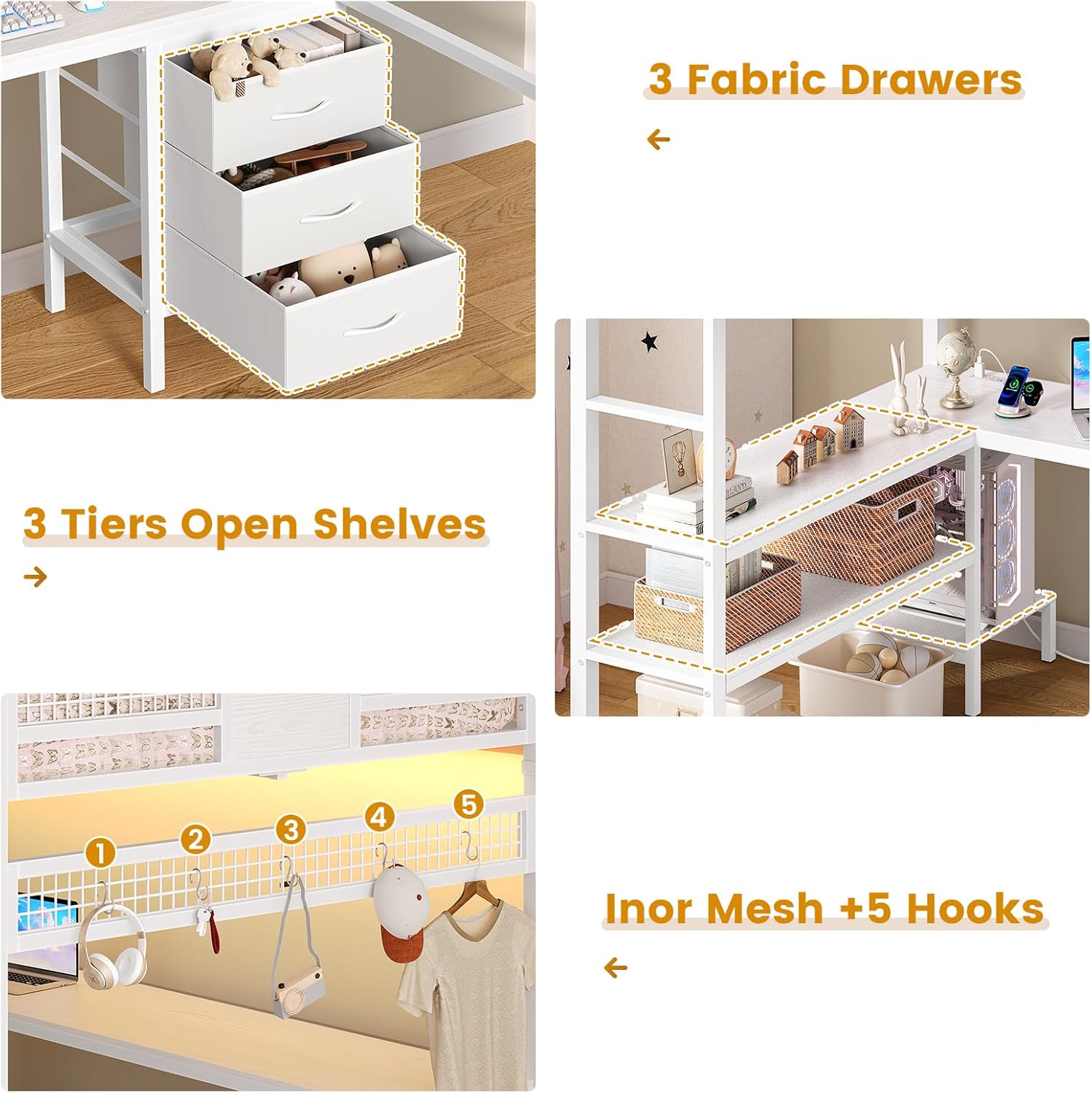 ADORNEVE Loft Bed Full Size with L-Shaped Desk, 3 Storage Drawers, Power Outlet, 3 Storage Shelves, Metal Loft Bed Frame with RGB Lights, Bed with Safety Guardrail & Ladders,Space-Saving, White