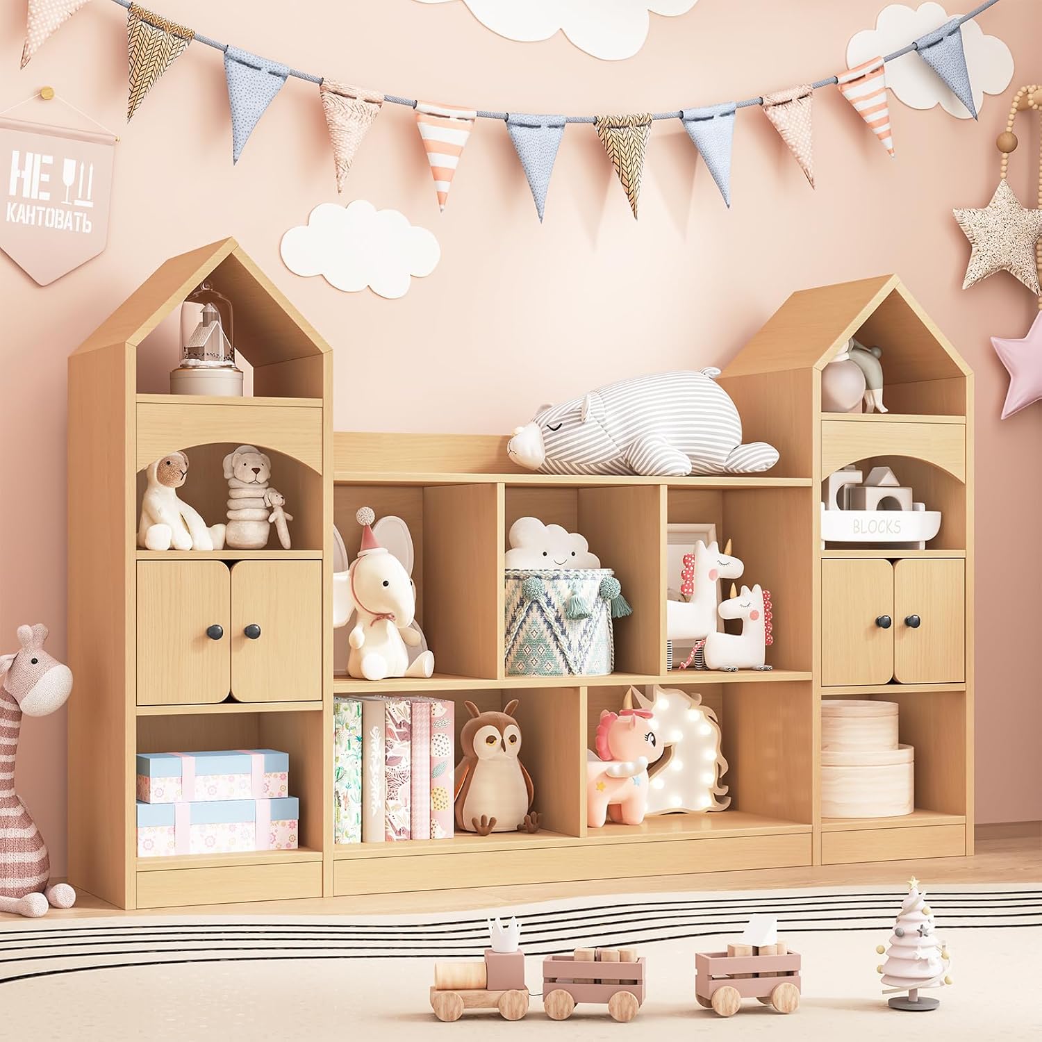 Halitaa Castle Shape Children's Bookshelf, Kids Bookcase Display Case Kids Toy Storage Organizer Multifunctional Storage Cabinet Bookshelf Suitable for Playroom, Children's Room, Living Room, Oak