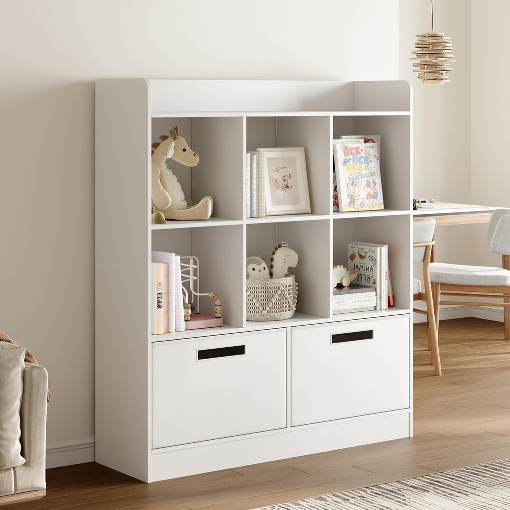 Housoul 8 Cube Kids Bookshelf with Fabric Drawers, 3-Tier Wooden Open Shelf Bookcase, Freestanding Book Shelves, Kids Bookcase Cubby Storage Organizer for Living Room, Office, White