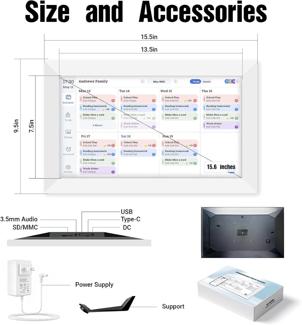 15.6'' Digital Calendar Wall Touch Screen, 1920 * 1080P Electronic Smart Calendar, Digital Picture Frame, Daily Weekly and Monthly Planner, Electronic Chore Chart, White Elephant Gifts for Women, Mom, Teacher, Grandma