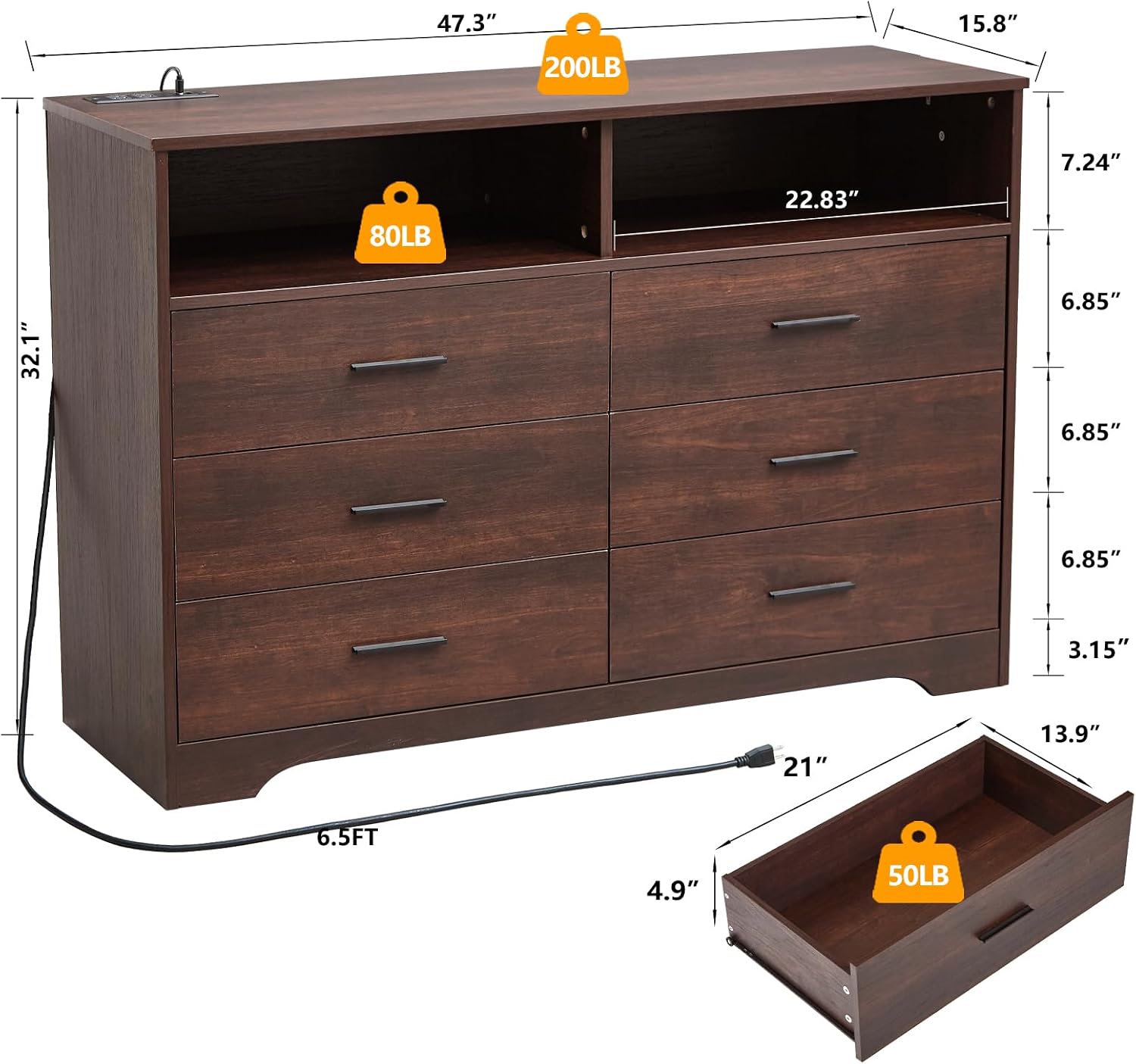 LIDYUK Dark Cherry Dresser for Bedroom, 6 Drawer Dressers & Chests of Drawers, Modern Wood Dresser with Charging Station and LED Lights, 48 Inch Wide Chest of Drawers for Bedroom, Hallway, Living Room