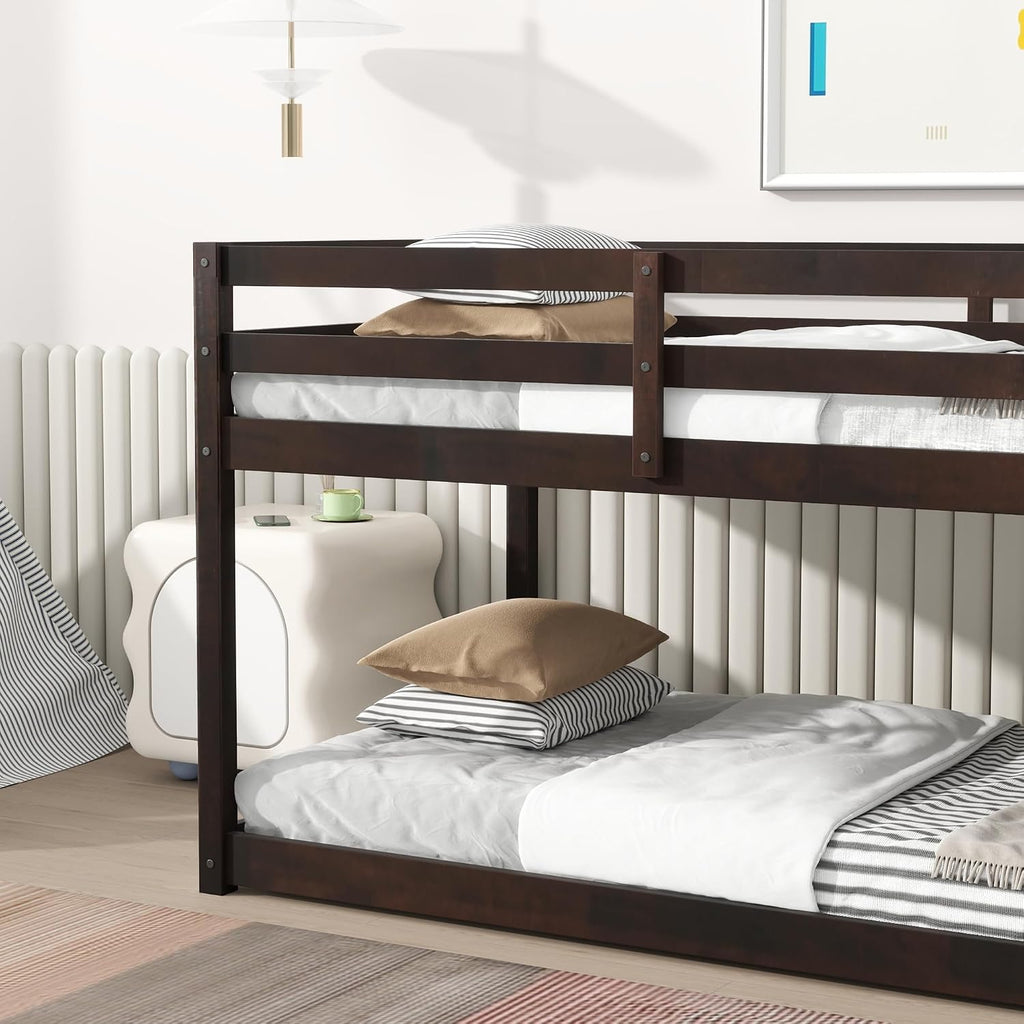 Ball & Cast Solid Rubber Wooden Twin Over Twin Bunk Bed with Ladder and Full Length Guardrail,Low Bunkbed w/Slat Support,Bedroom Furniture for Girls Boys,Espresso