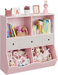 Kids Bookshelf with Toy Storage and Drawers, Multi-Shelf Bookcase with Cubby Organizer Cabinet for Boys & Girls, Storage Unit for Playroom, Bedroom, Hallway-Pink