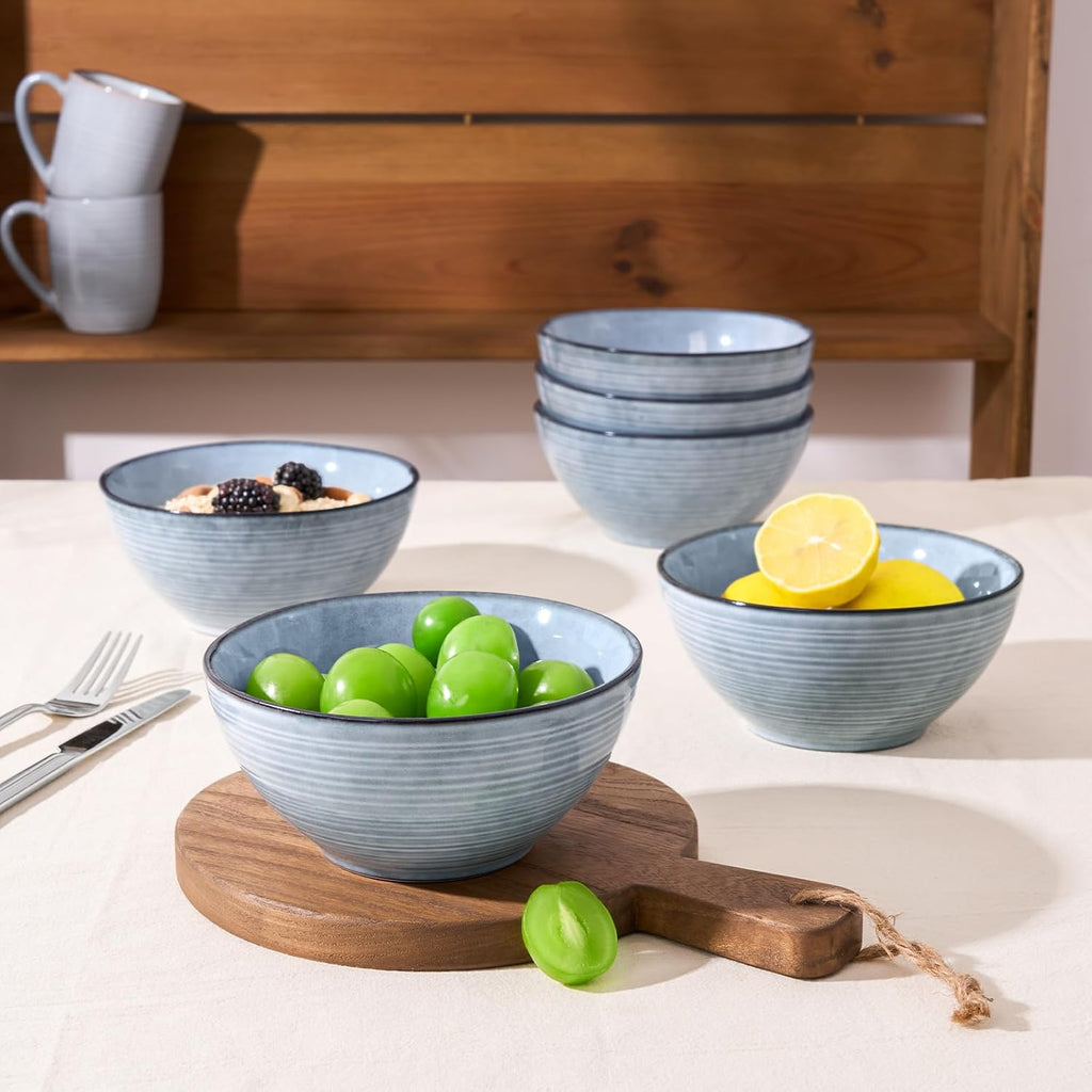 Famiware Tempus Plates and Bowls Sets for 6, 18 Pieces Stoneware Dinnerware Sets, Reactive Glaze Dishes Set, Dishwasher & Microwave Safe - Pearl Blue