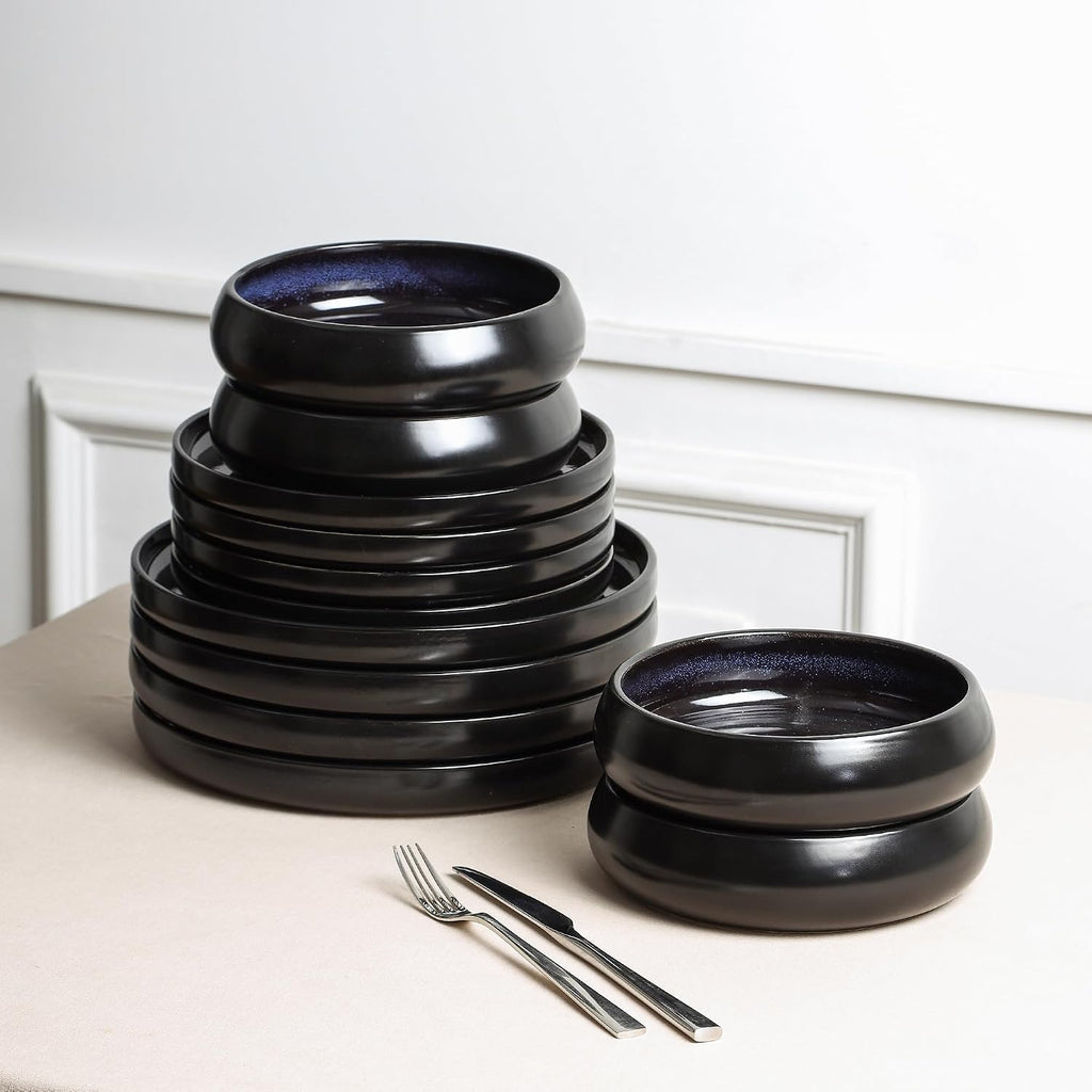 Stone Lain Lagoon 24-Piece Dinnerware Set Stoneware, Plates and Bowls set, Microwave and Dishwasher Safe, Dish Set for 8, Black