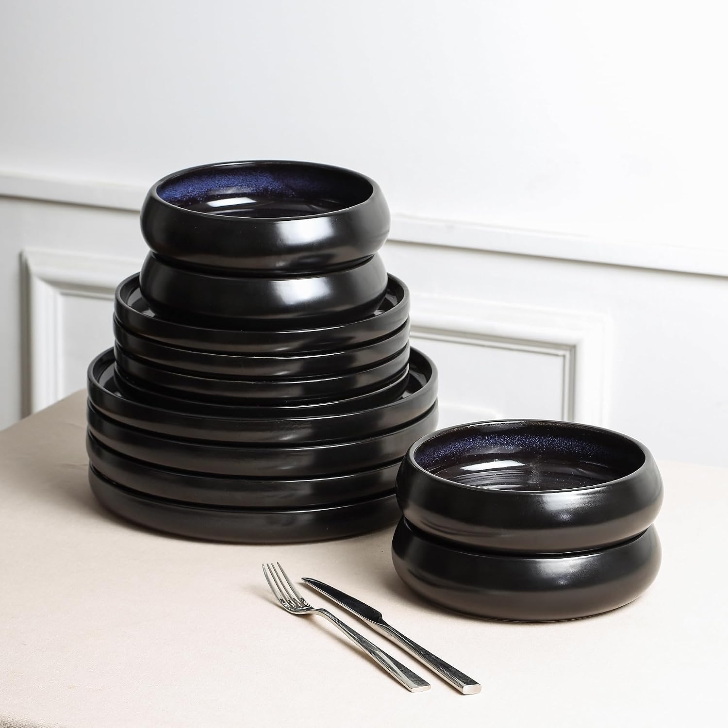 Stone Lain Lagoon 24-Piece Dinnerware Set Stoneware, Plates and Bowls set, Microwave and Dishwasher Safe, Dish Set for 8, Black