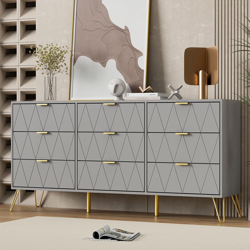 UEV Grey Dresser for Bedroom,Modern 9 Drawer Triple Dresser with Gold Accents,Long Storage Organizer for TV Stand & Closet,Large Chest of Drawers for Living