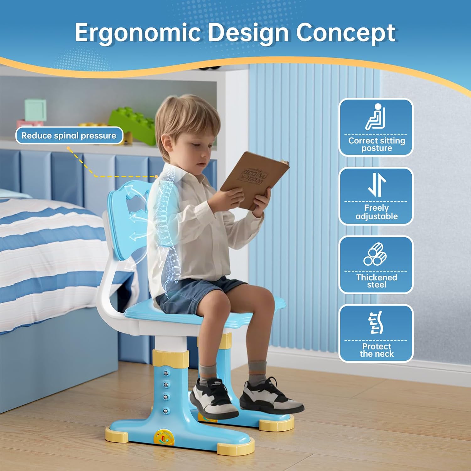 Kids Desk and Chair Set, Height Adjustable Child's School Study Writing Tables, Kids Desk with Bookstand and Storage Drawer, Widened Desktop with Desktop for Boys and Girls