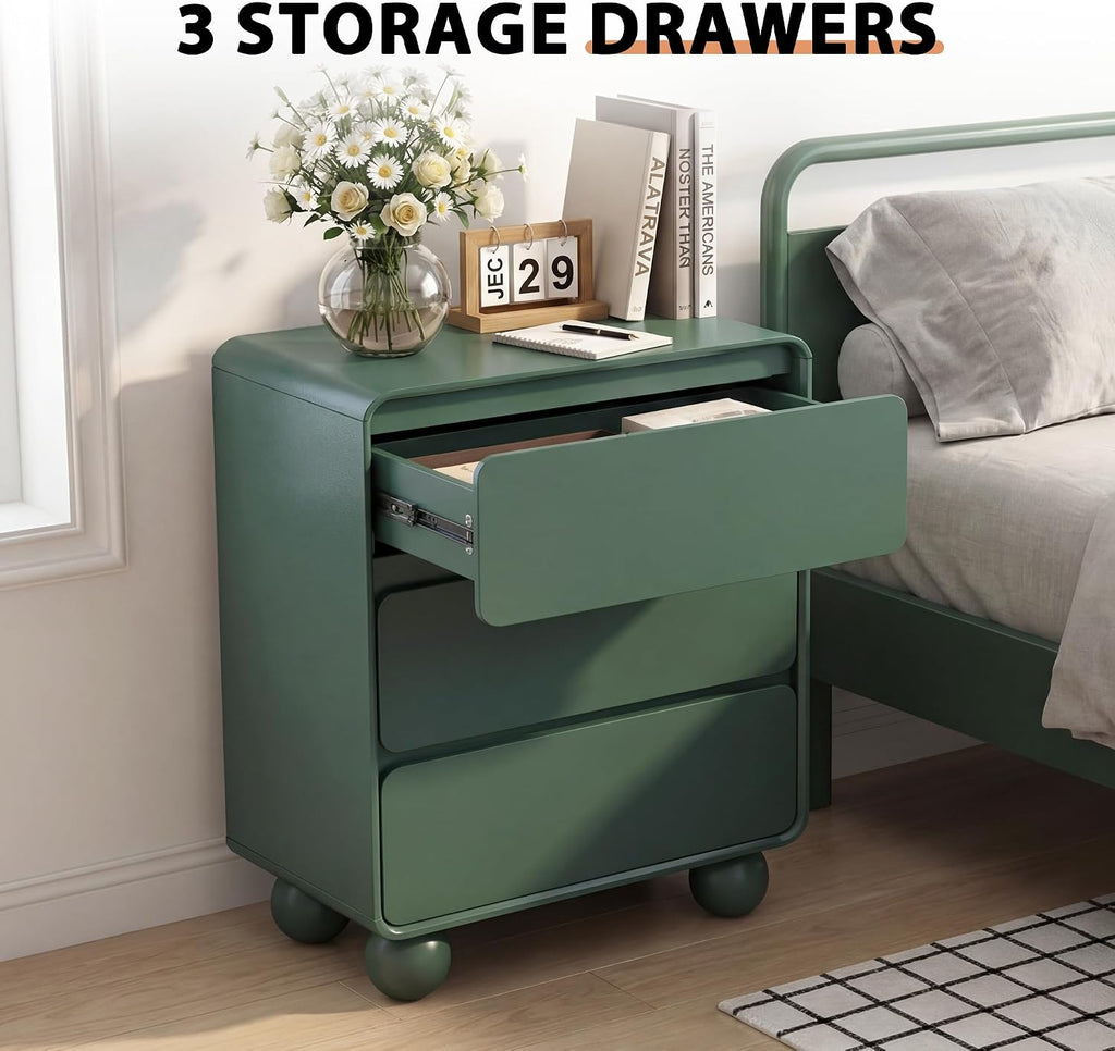 AVZEAR Modern3 Drawer Dresser for Bedroom, Curved Wooden Dresser Chest of Drawers, 3 Drawer Nightstand Closet Clothes Storage Organizer for Kids Bedroom, Living Room, Nursery, Green