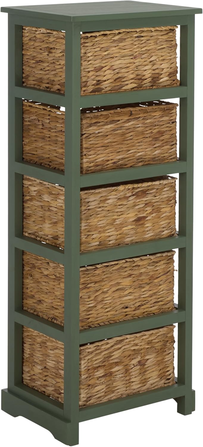 SAFAVIEH Furniture - Vedette 5-Basket Storage Tower - Dusty Green - Solid Wood - Coastal Basket Tower Design - Ideal for Entryway, Living Room, 17.5' W x 13.5' D x 46' H - Fully Assembled (AMH5739J)