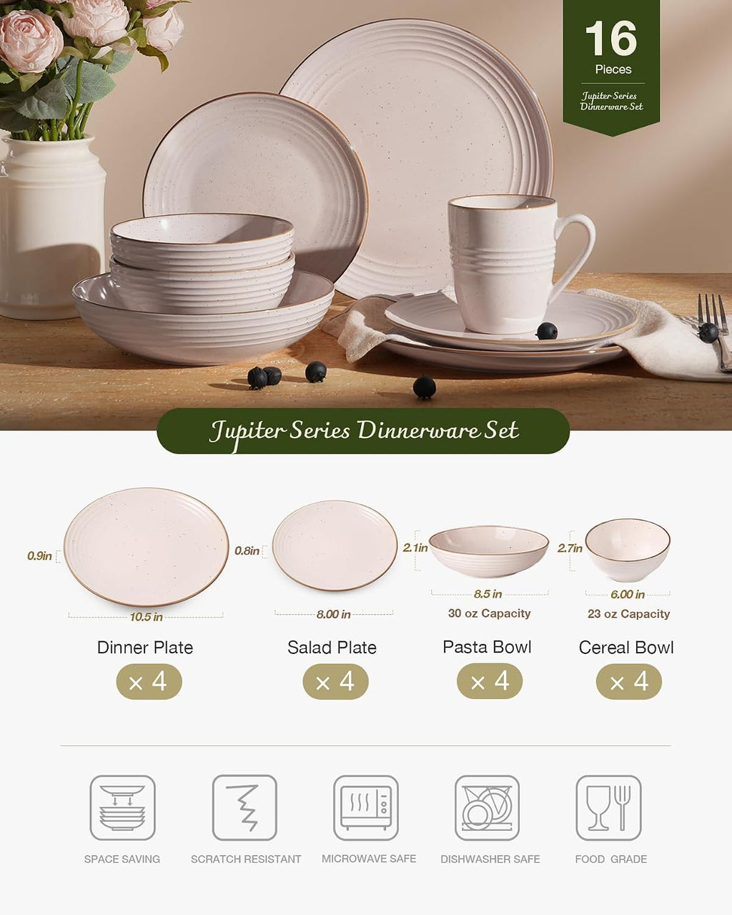 Famiware Jupiter 16-Piece Stoneware Dinnerware Set for 4 - Includes Pasta Bowl & Dinner Plate, Handcrafted Dishes with Speckles & Embossed Swirls, Chip & Scratch Resistant, Daily & Formal Use, Pink