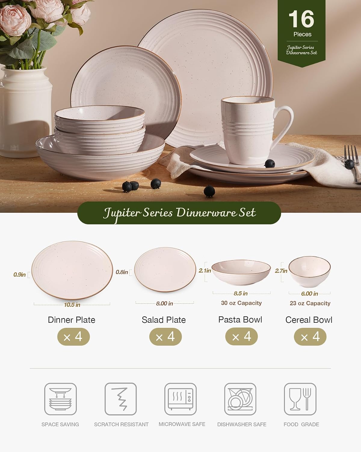 Famiware Jupiter 16-Piece Stoneware Dinnerware Set for 4 - Includes Pasta Bowl & Dinner Plate, Handcrafted Dishes with Speckles & Embossed Swirls, Chip & Scratch Resistant, Daily & Formal Use, Pink