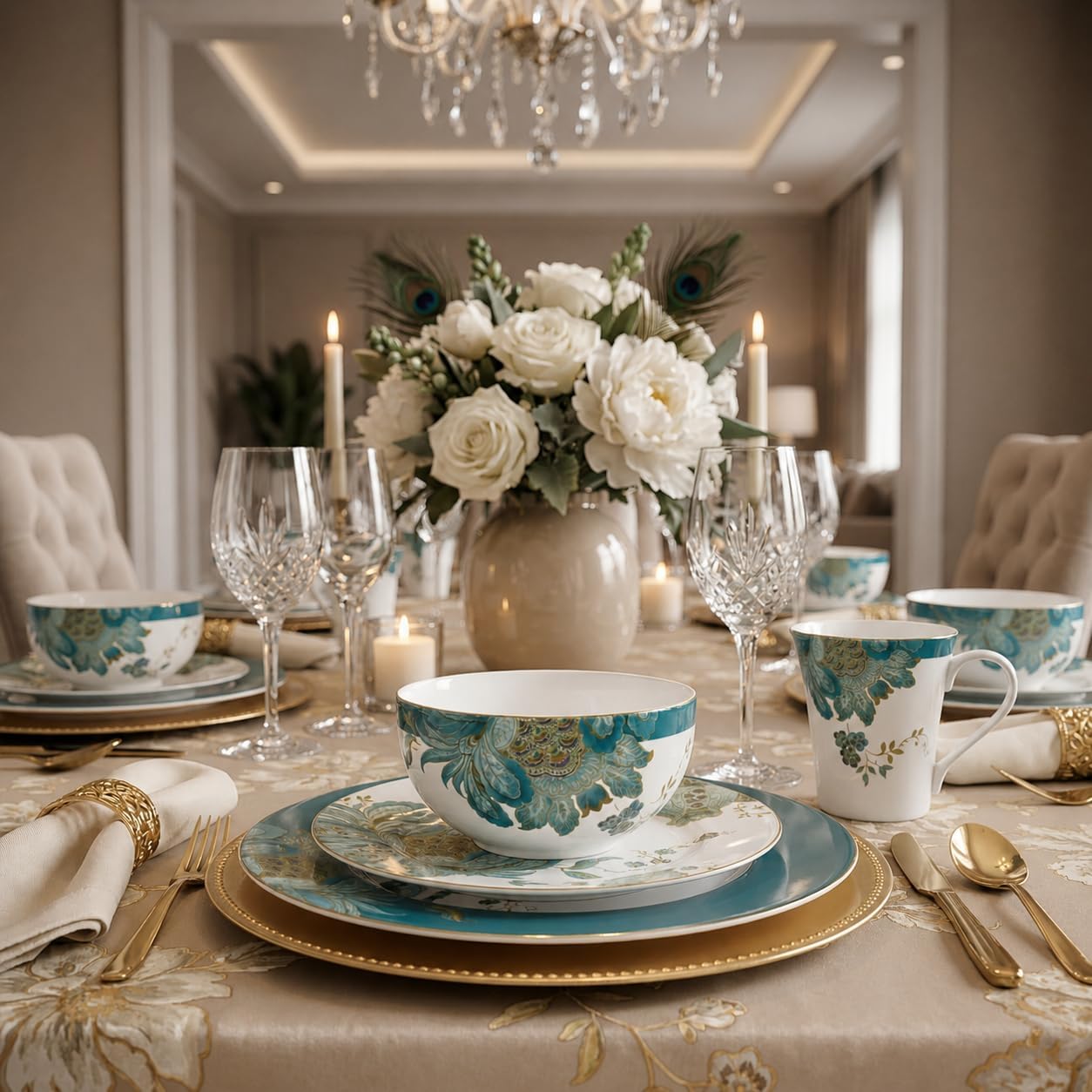 222 Fifth 16-Piece Porcelain Dinnerware Set for 4, Elegant Floral Plates and Bowls Sets-White, Teal, Gold Ceramic Dishes, Chip Resistant Kitchen and Dining Dish Set, Microwave & Dishwasher Safe, Eliza