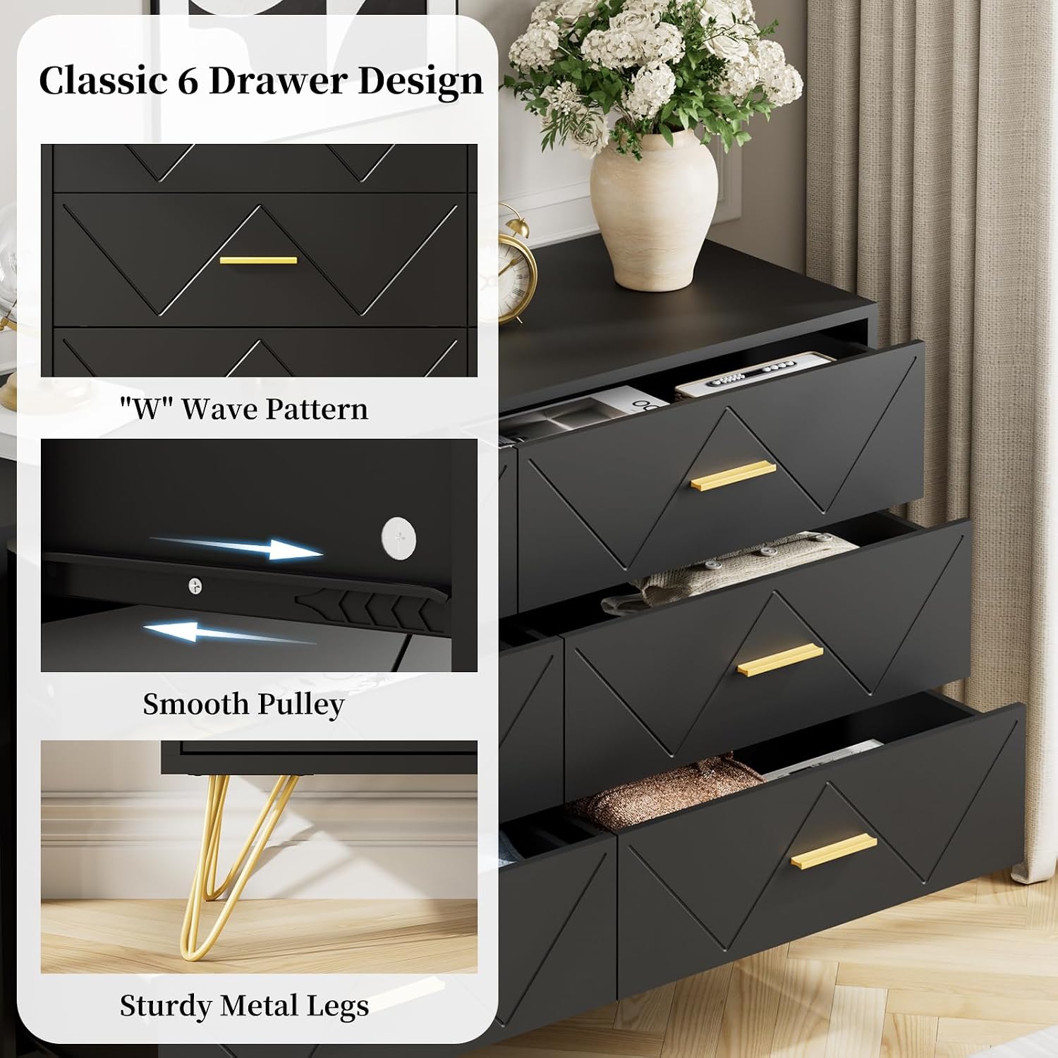 JOZZBY Dresser for Bedroom, 6 Drawer Black Wood Dresser with Gold Handles, Modern Storage Dressers & Chests of Drawers for Hallway, Entryway