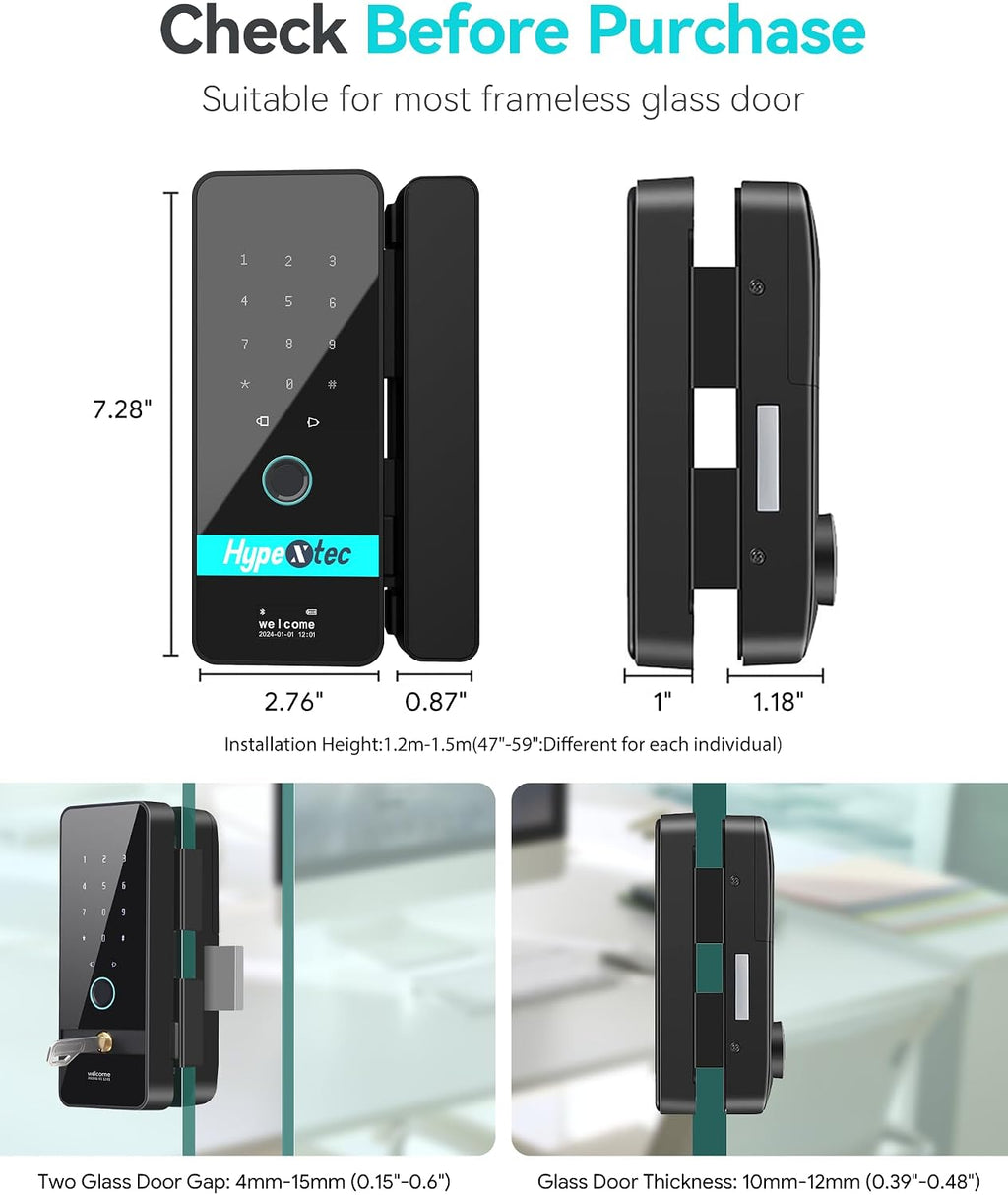 2026 No-Drill Smart Glass Lock for Frameless Doors,Auto-Reversal Keyless Entry Gate Locks with 5 Unlock Ways,Bluetooth App Control/Fingerprint/IC Card/Password/Keys,Home Office Business