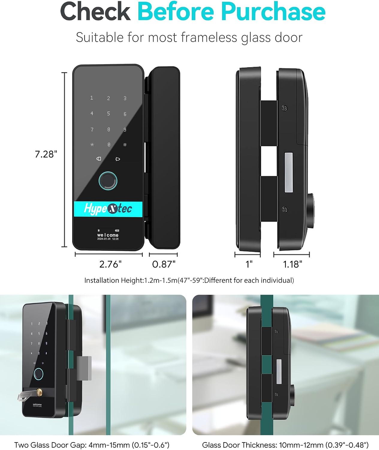 2026 No-Drill Smart Glass Lock for Frameless Doors,Auto-Reversal Keyless Entry Gate Locks with 5 Unlock Ways,Bluetooth App Control/Fingerprint/IC Card/Password/Keys,Home Office Business