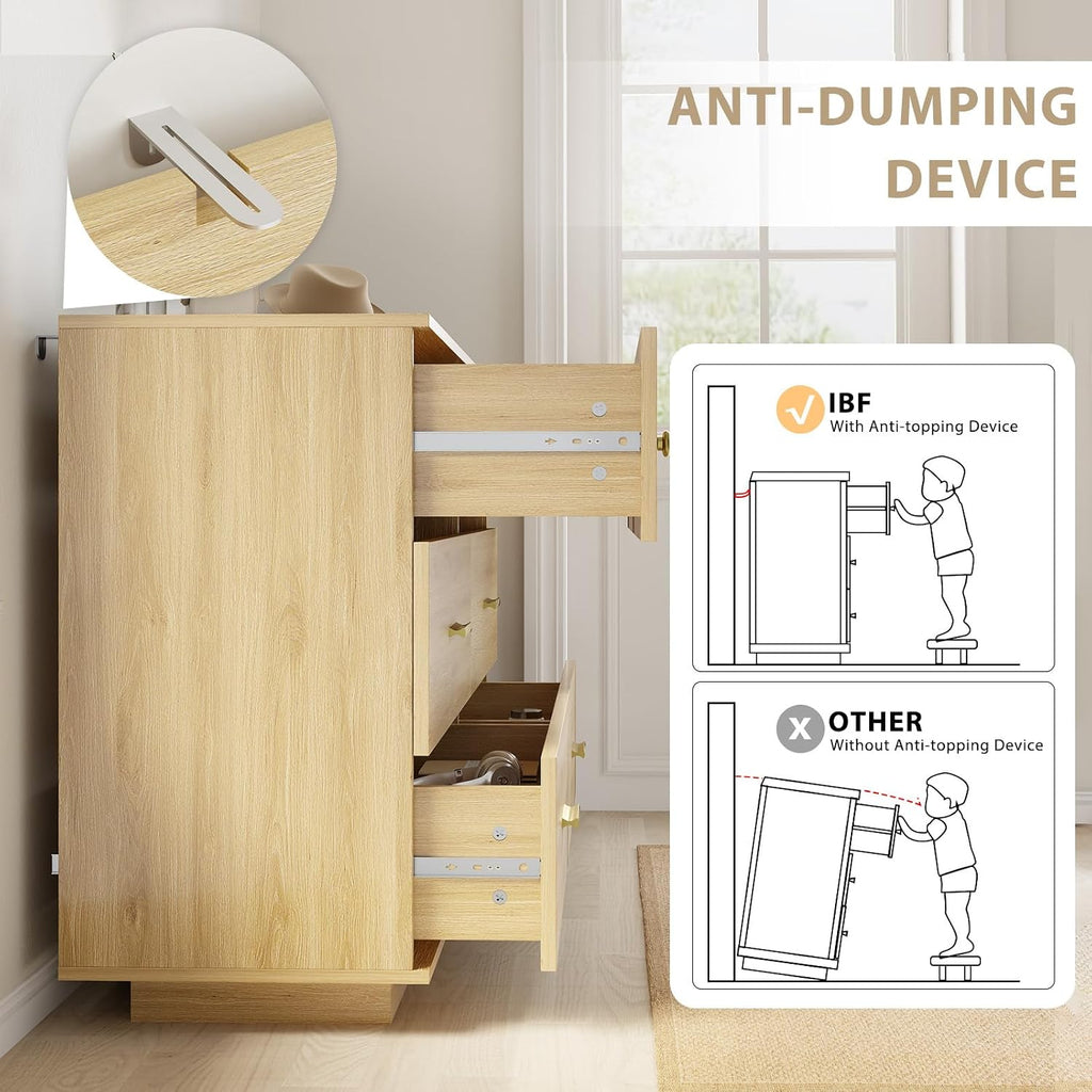 IBF Modern Fluted 6 Drawer Dresser for Bedroom, Fluted 55 Inch Chest of Drawers for Kid Adult Closet, Large Wood Clothes Storage Dresser with Anti-Tipping Device for Living Room Hallway, Oak
