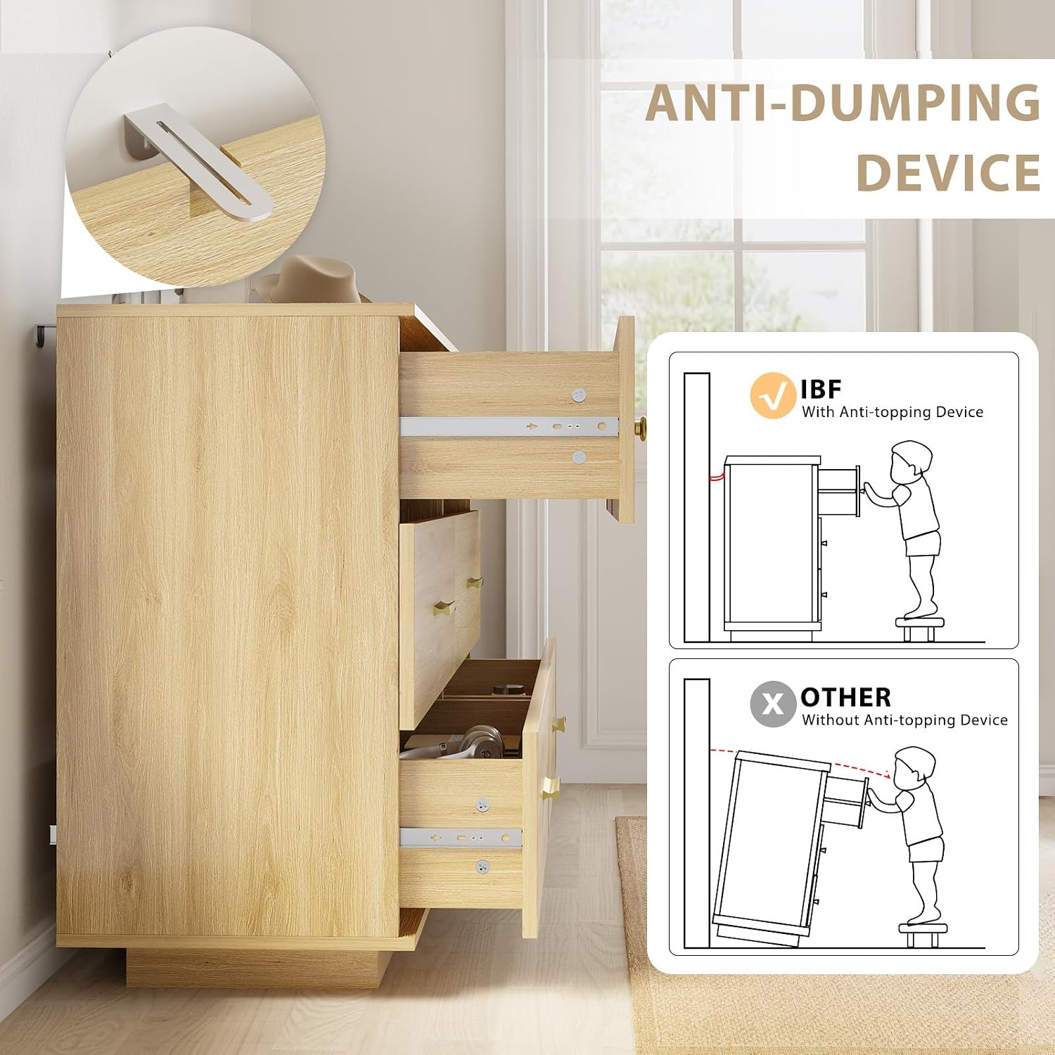 IBF Modern Fluted 6 Drawer Dresser for Bedroom, Fluted 55 Inch Chest of Drawers for Kid Adult Closet, Large Wood Clothes Storage Dresser with Anti-Tipping Device for Living Room Hallway, Oak