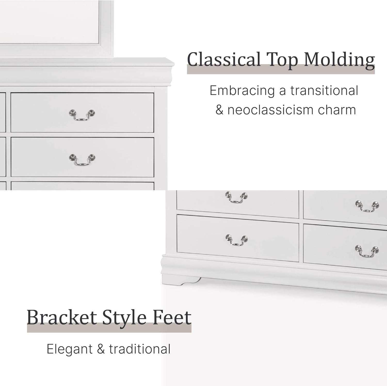 Furniture of America Arabella Traditional Wooden 6 Drawer Dresser with Mirror, Vintage Bedroom Set, Accent Vanity Dressing Table with Antique Nickle Handles for Dressing Room, Walk-in Closet, White
