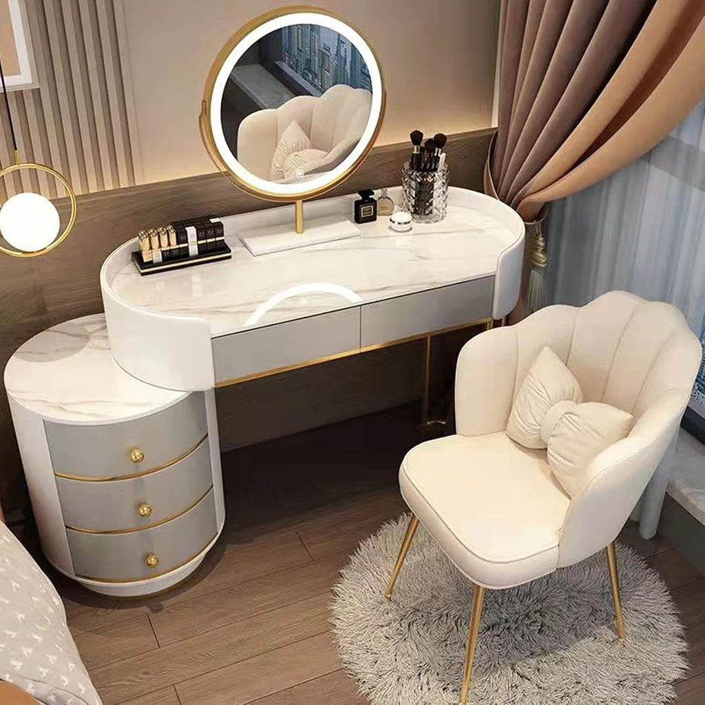 Dressing Table Makeup Vanity Table, with Adjustable LED Mirror 3 Color Lighting, Round Vanity Desk Bedside Table and Cushioned Stool Set, Bedroom Furniture Decor(White+Gray B-100cm/39.3in)