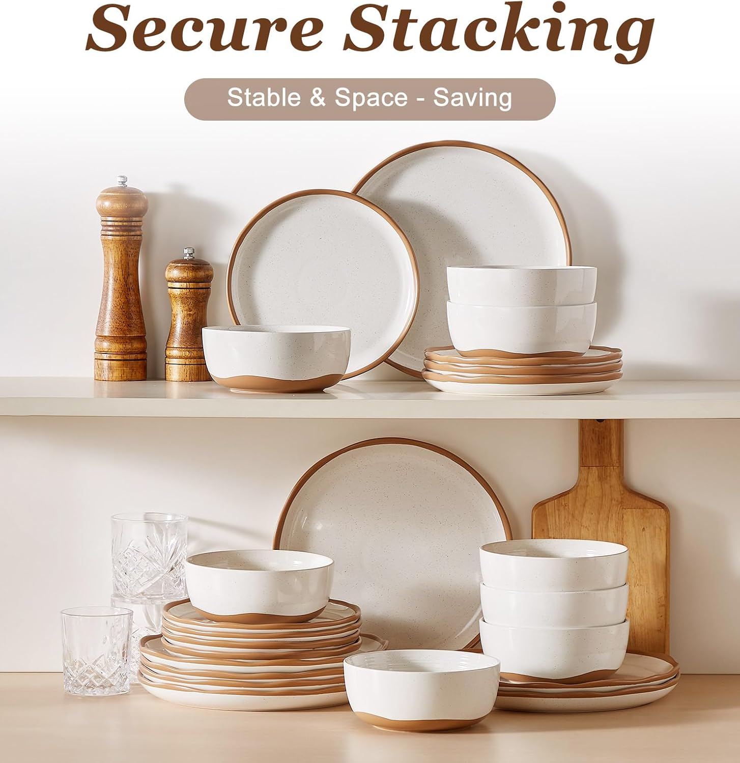 24 Piece Dinnerware Sets for 8 - Farmhouse Ceramic Plates and Bowls Sets - Scratch Resistant Stoneware Dishes Set, Dishwasher & Microwave Safe, Stack Compactly Dishware - Vintage White