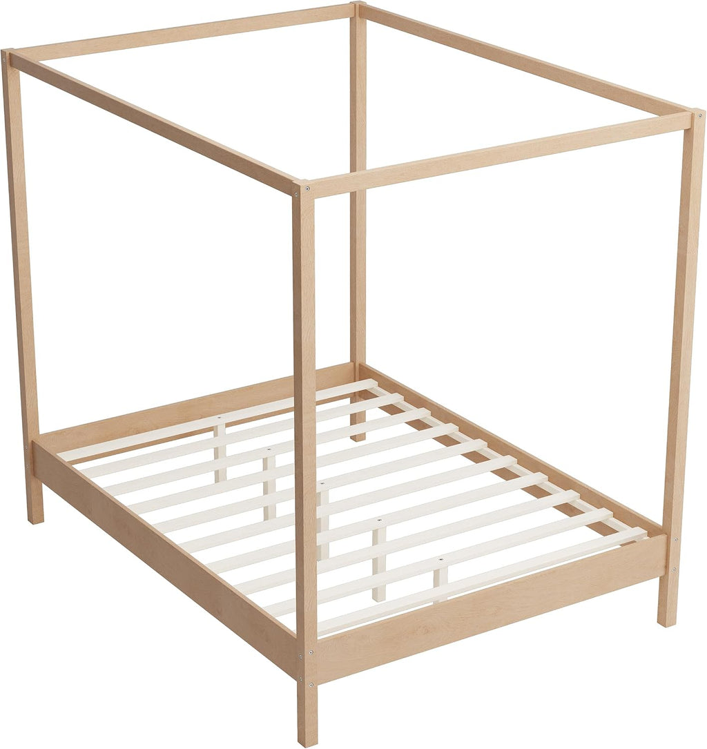 King Size Canopy Platform Bed, Wood 4 Poster Bed Frame, No Box Spring Needed (Natural, King)