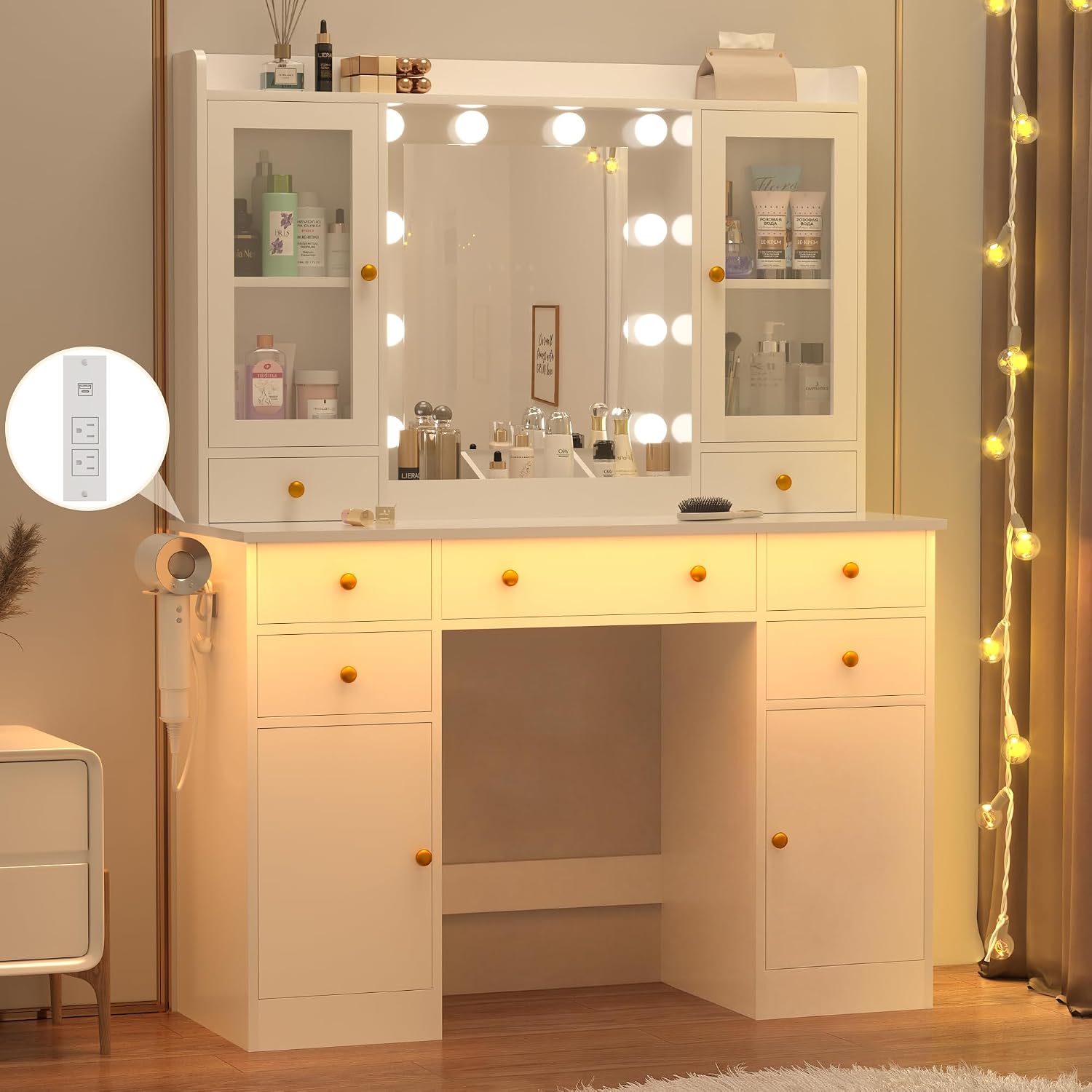 Wodeer Vanity Desk with Mirror and Lights, 43' White Makeup Vanity Set with 5 Drawers & Glass Cabinets, Makeup Tray, Power Outlet & Adjustable LED Lights, Dressing Table for Women Girls Bedroom