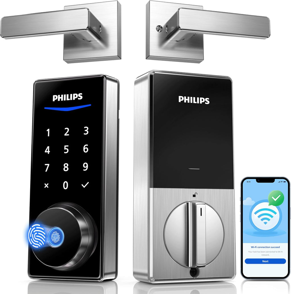 Philips Wi-Fi Smart Lock with Handles, Built-in WiFi Keyless Entry Front Door Lock Set, Keypad Deadbolt with Handle, App Fingerprint Code Unlock, Auto Locking, Remote Control & Voice Unlock, Nickel