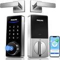 Philips Wi-Fi Smart Lock with Handles, Built-in WiFi Keyless Entry Front Door Lock Set, Keypad Deadbolt with Handle, App Fingerprint Code Unlock, Auto Locking, Remote Control & Voice Unlock, Nickel