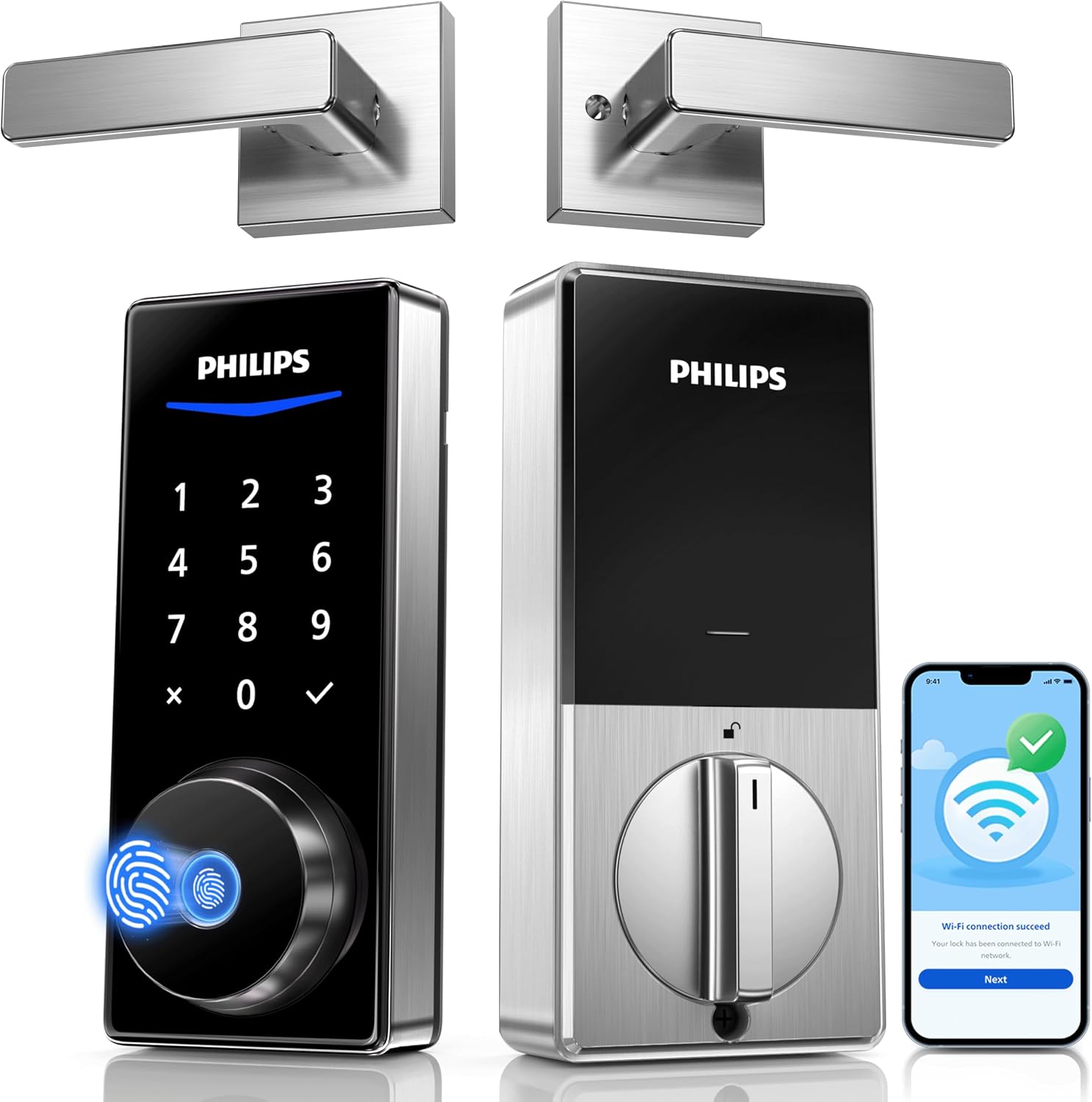 Philips Wi-Fi Smart Lock with Handles, Built-in WiFi Keyless Entry Front Door Lock Set, Keypad Deadbolt with Handle, App Fingerprint Code Unlock, Auto Locking, Remote Control & Voice Unlock, Nickel