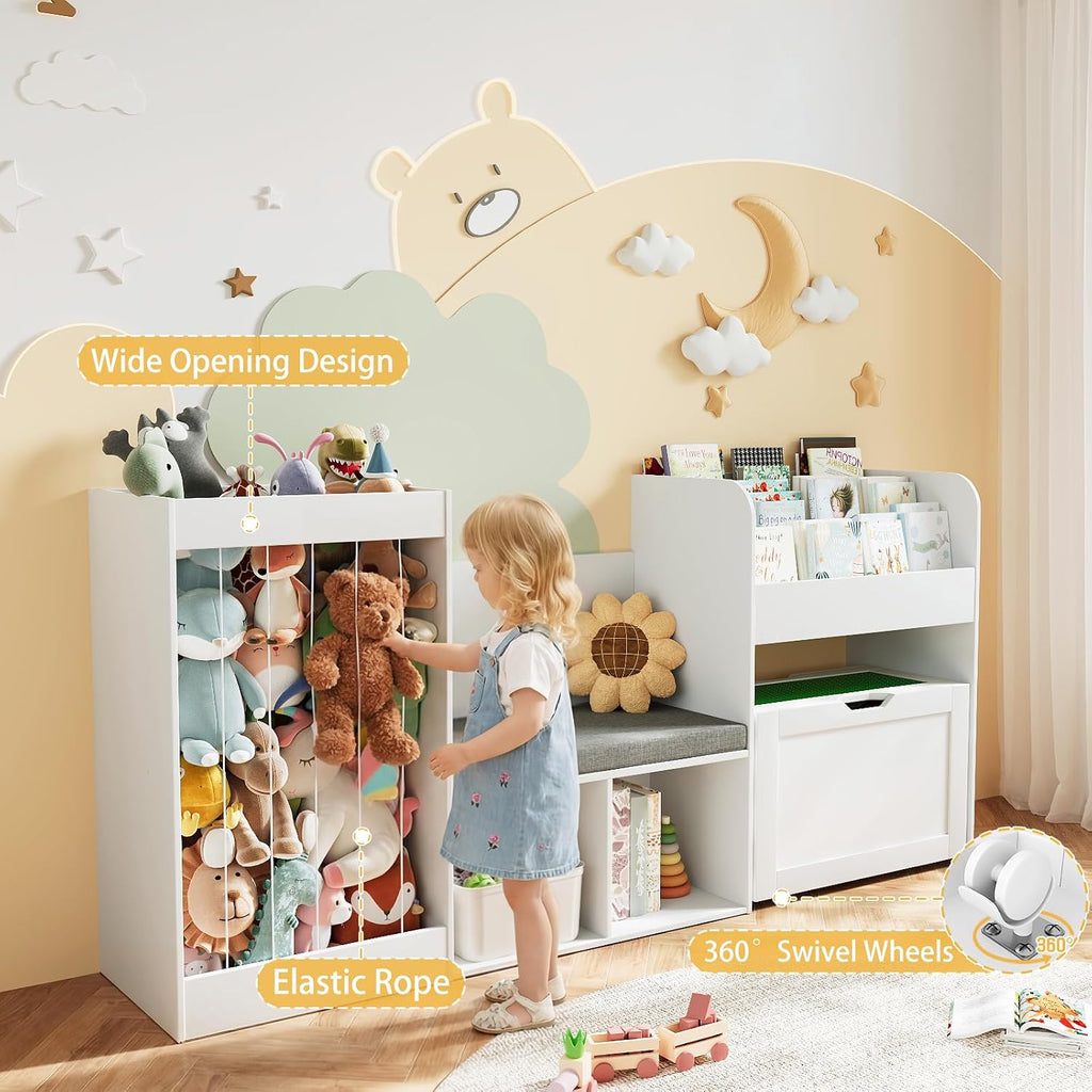 68.9' W Kids Reading Nook, Toy Storage Box with Removable Building Baseplate Play Lid for Lego, Wooden Bookshelf with Stuffed Animal Storage, Bench and Removable Cushions for Playroom(White)