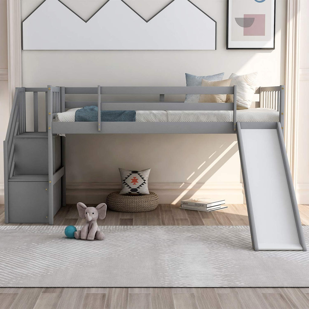 Twin Low Loft Bed with Adjustable Slide/Staircase/Storage Shelves for Kid/Boy/Girl/Teens, Full-Length Guardrails, Solid Wood, Space-Saving (Gray+Low Loft Bed)