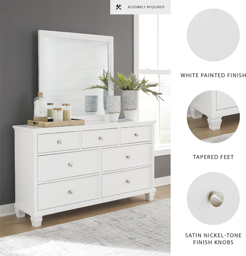 Signature Design by Ashley Fortman Casual Dresser and Mirror, Tapered Feet, 7 Storage Drawers, Round Satin Nickel Metal Knobs, Wood, 74.13' High, White