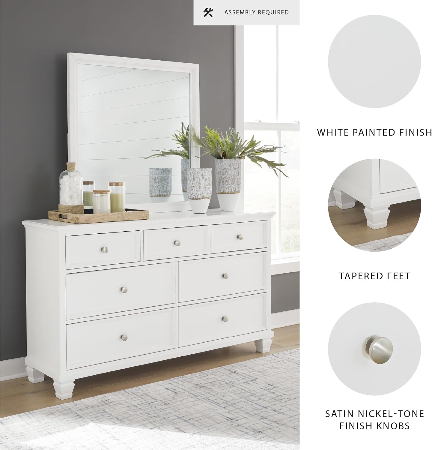 Signature Design by Ashley Fortman Casual Dresser and Mirror, Tapered Feet, 7 Storage Drawers, Round Satin Nickel Metal Knobs, Wood, 74.13' High, White