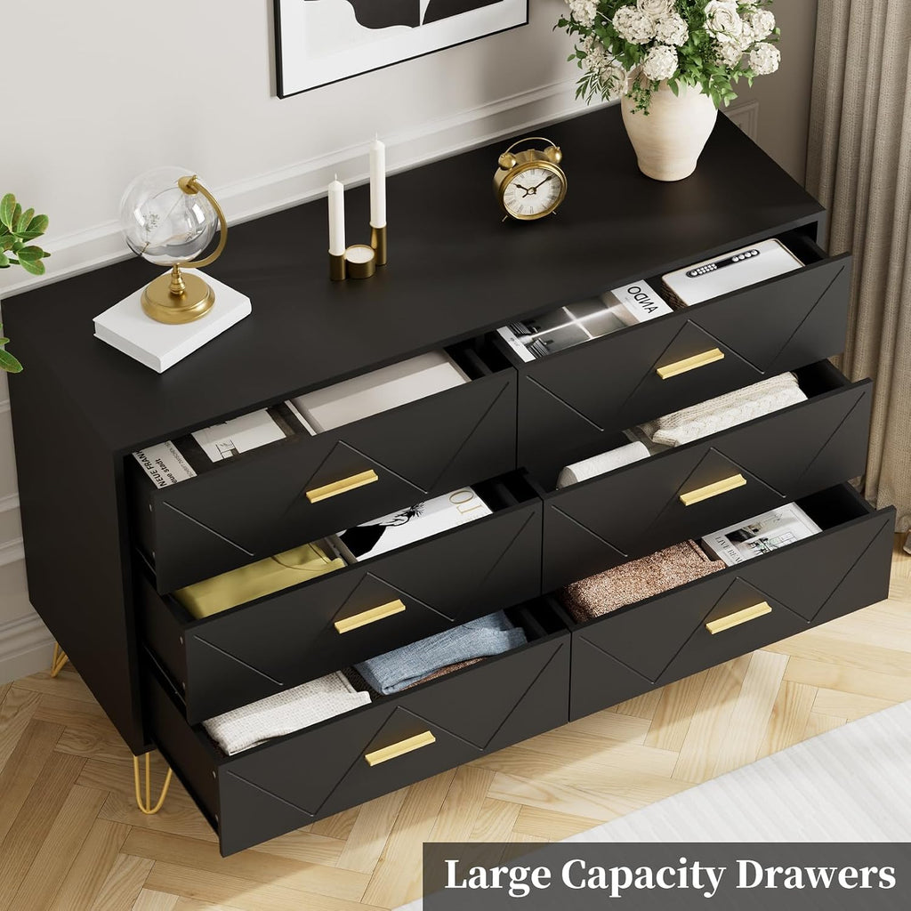 JOZZBY Dresser for Bedroom, 6 Drawer Black Wood Dresser with Gold Handles, Modern Storage Dressers & Chests of Drawers for Hallway, Entryway