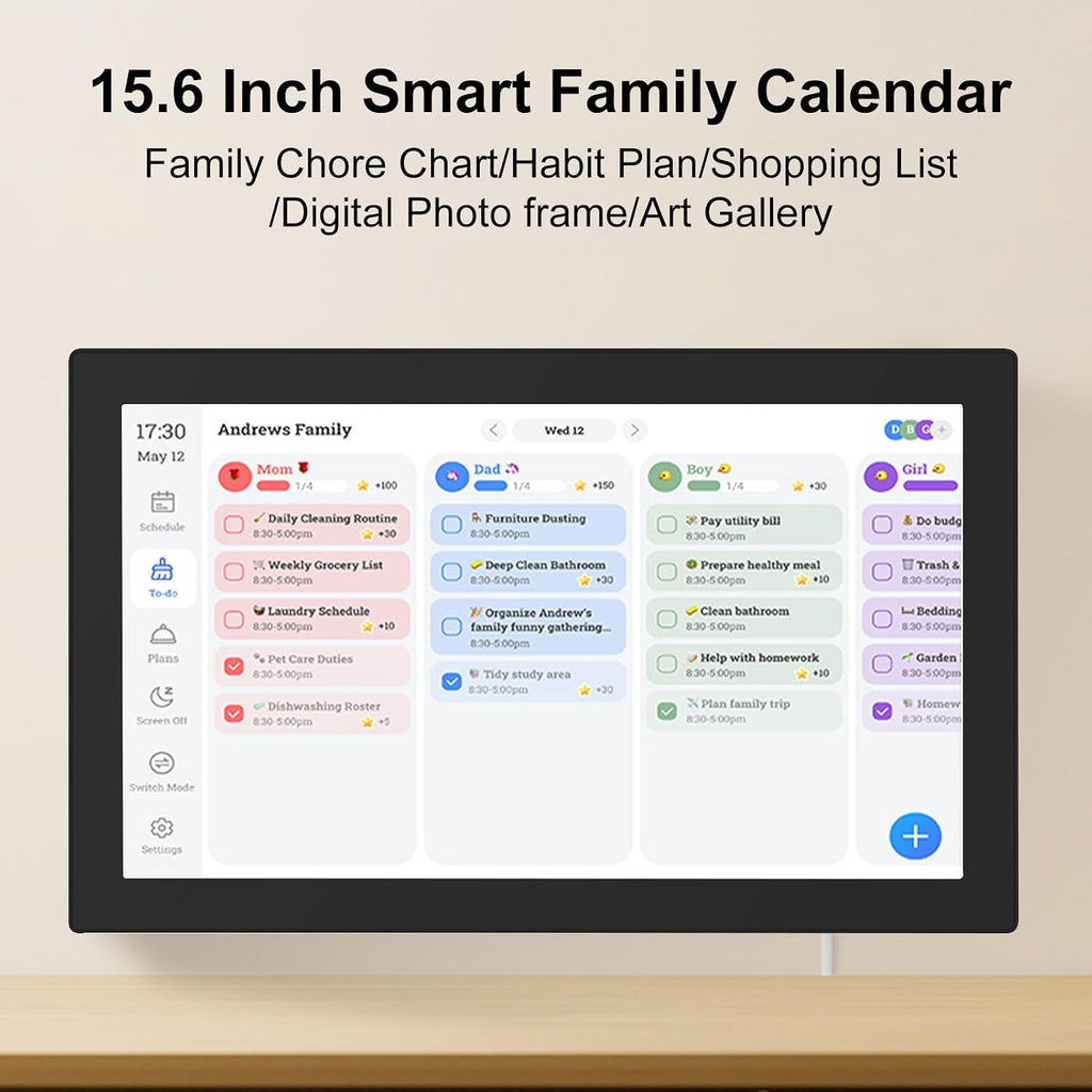 Asixxsix 15.6-Inch Smart Digital Calendar, Planner Chore Chart, Electronic Calendar with 1080P Full HD Touch Screen, Interactive Chore Chart, Wall Desk Mount for Seamless Scheduling (US Plug)