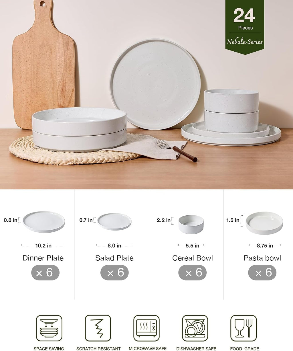 Famiware Nebula Dinnerware Sets with Pasta Bowls, Service for 6 (24 Pieces), Fine Stoneware Plates and Bowls Sets, Microwave and Dishwasher Safe Dishes Set, White