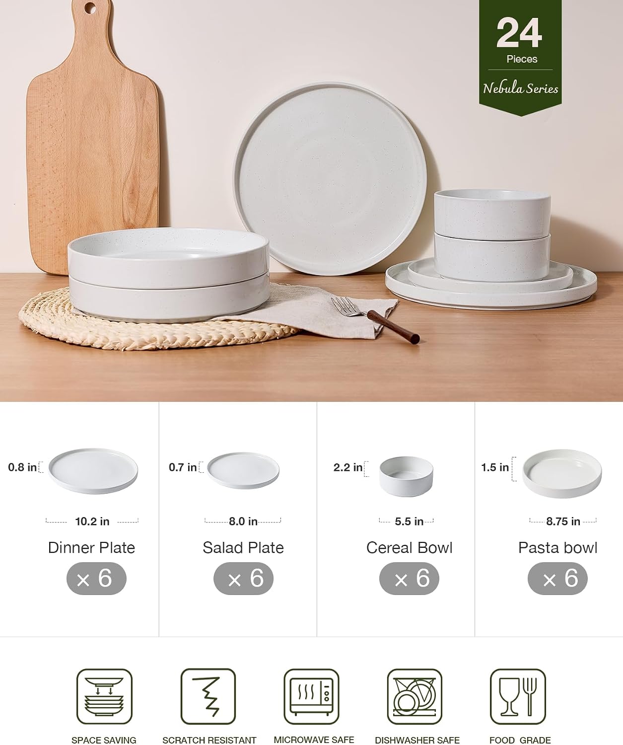 Famiware Nebula Dinnerware Sets with Pasta Bowls, Service for 6 (24 Pieces), Fine Stoneware Plates and Bowls Sets, Microwave and Dishwasher Safe Dishes Set, White