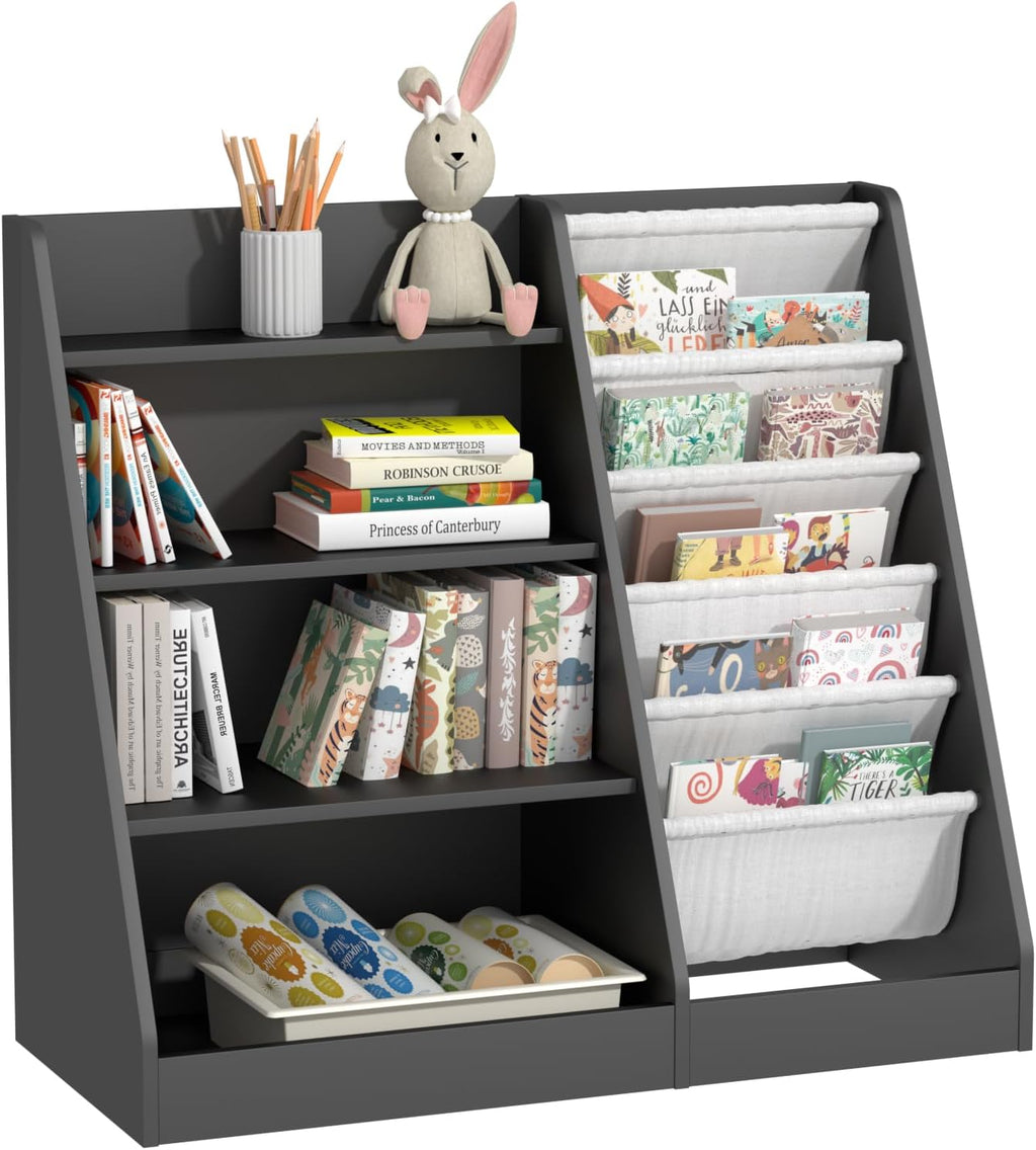 NACHES 4 Tier Kid Bookshelf Wooden 5 Sling Children Bookcase Toddler Montessori Bookcase Book Rack Display Toy Storage Organizer Book Display Shelf Stand Classroom Bedroom Nursery Playroom (Black)