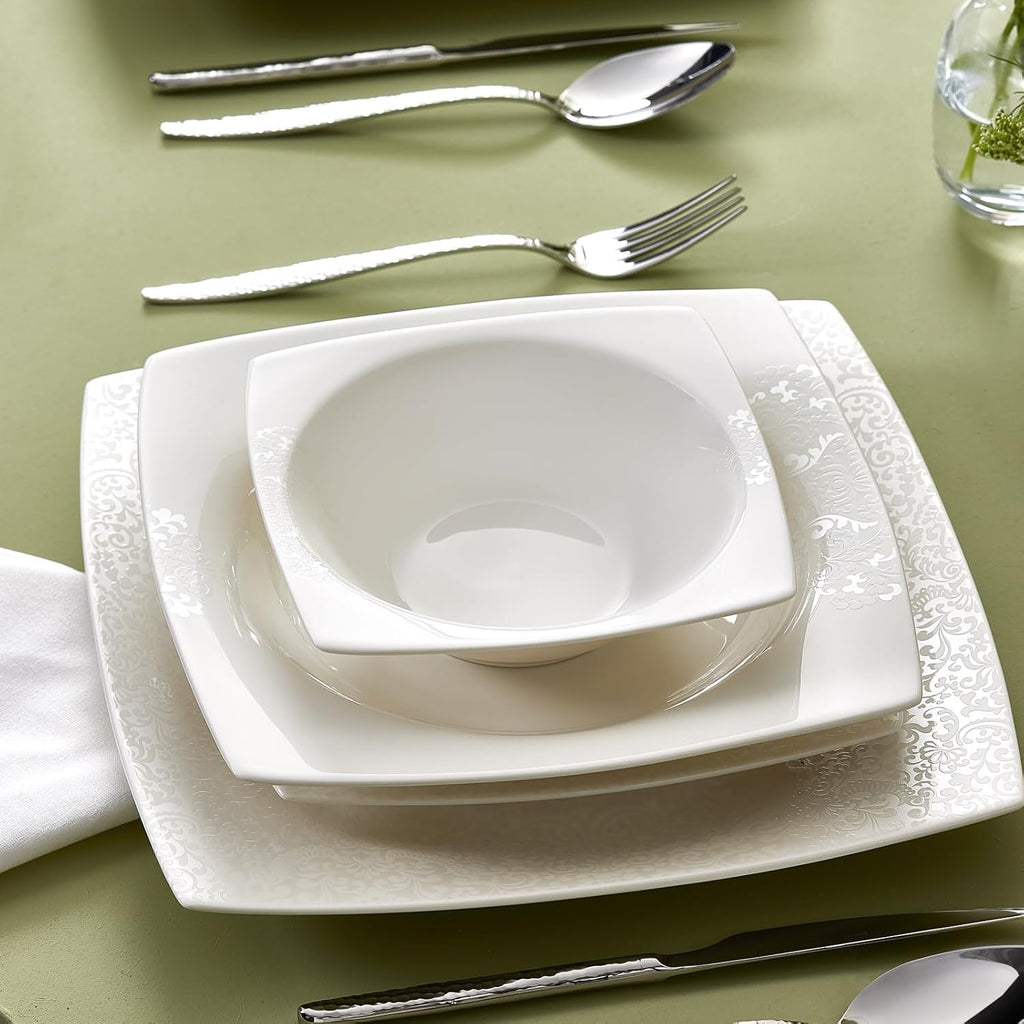 Karaca New Flava 24-Piece Porcelain Dinnerware Set for 6, White Dish Set with Dinner Plates, Pasta Bowls, Salad Plates & Soup Bowls, Kitchen Tableware Set
