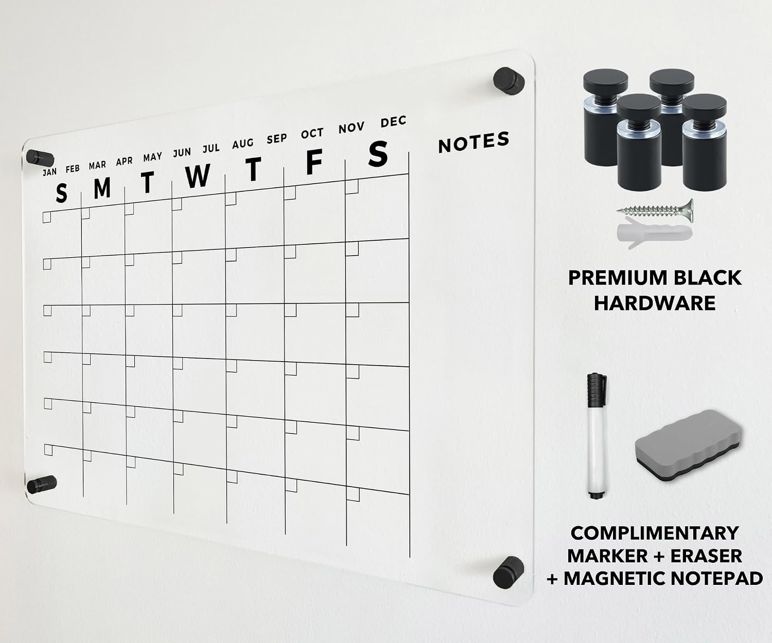Acrylic Wall Premium Calendar with Black Hardware - Monthly and Weekly Board Family Planner - Dry Erase Family Calendar - Marker (40x28'' (XLarge) - Black Standoff)