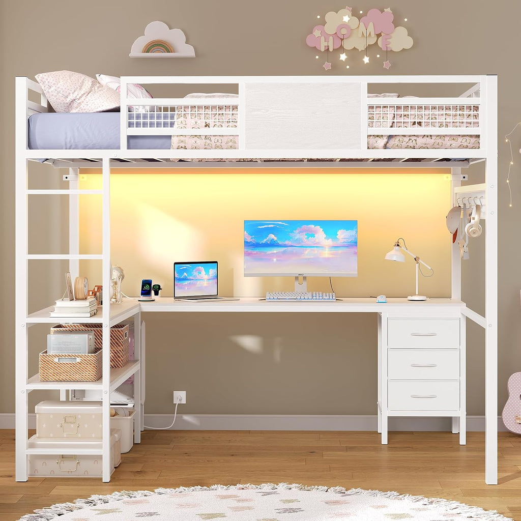 ADORNEVE Loft Bed Full Size with L-Shaped Desk, 3 Storage Drawers, Power Outlet, 3 Storage Shelves, Metal Loft Bed Frame with RGB Lights, Bed with Safety Guardrail & Ladders,Space-Saving, White