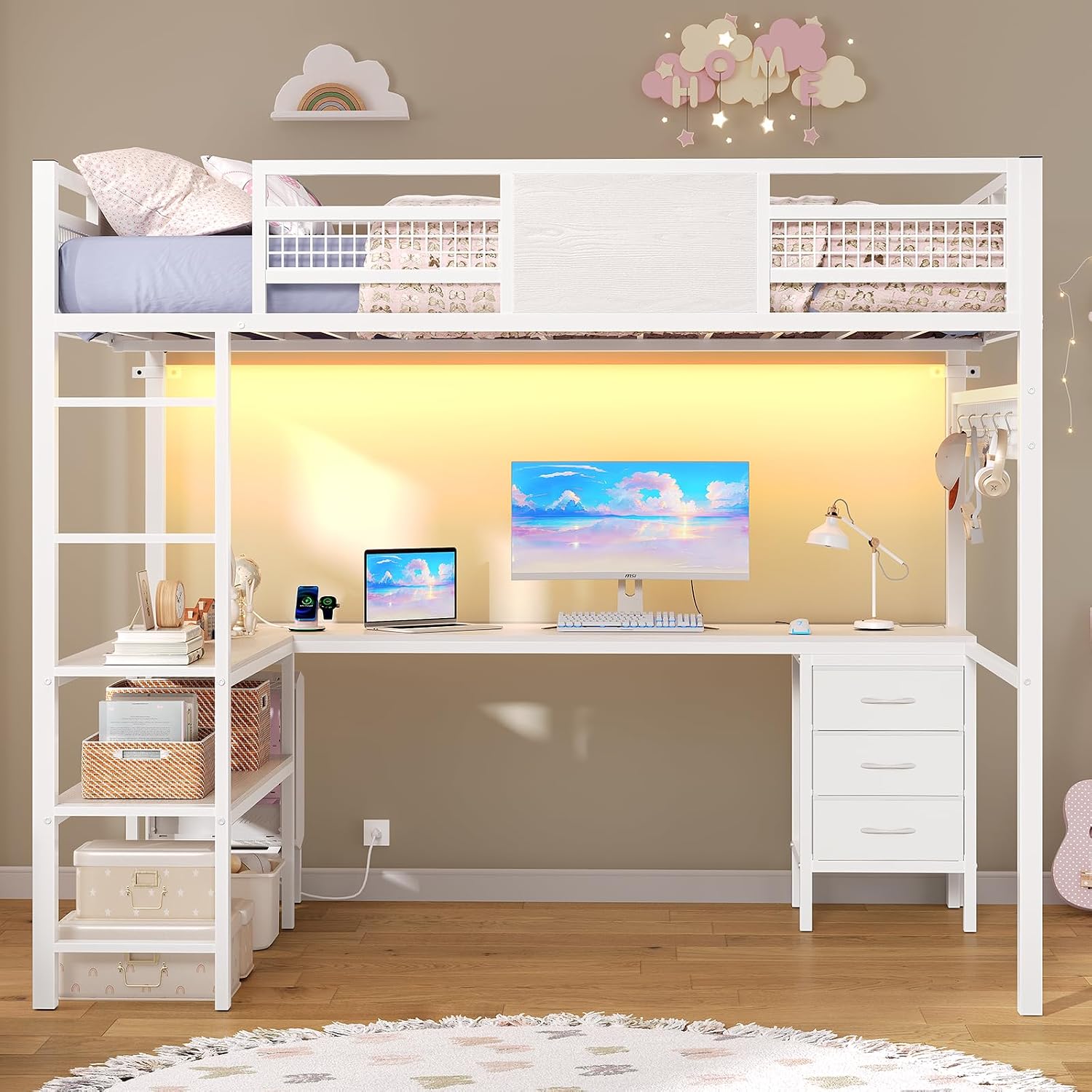 ADORNEVE Loft Bed Full Size with L-Shaped Desk, 3 Storage Drawers, Power Outlet, 3 Storage Shelves, Metal Loft Bed Frame with RGB Lights, Bed with Safety Guardrail & Ladders,Space-Saving, White