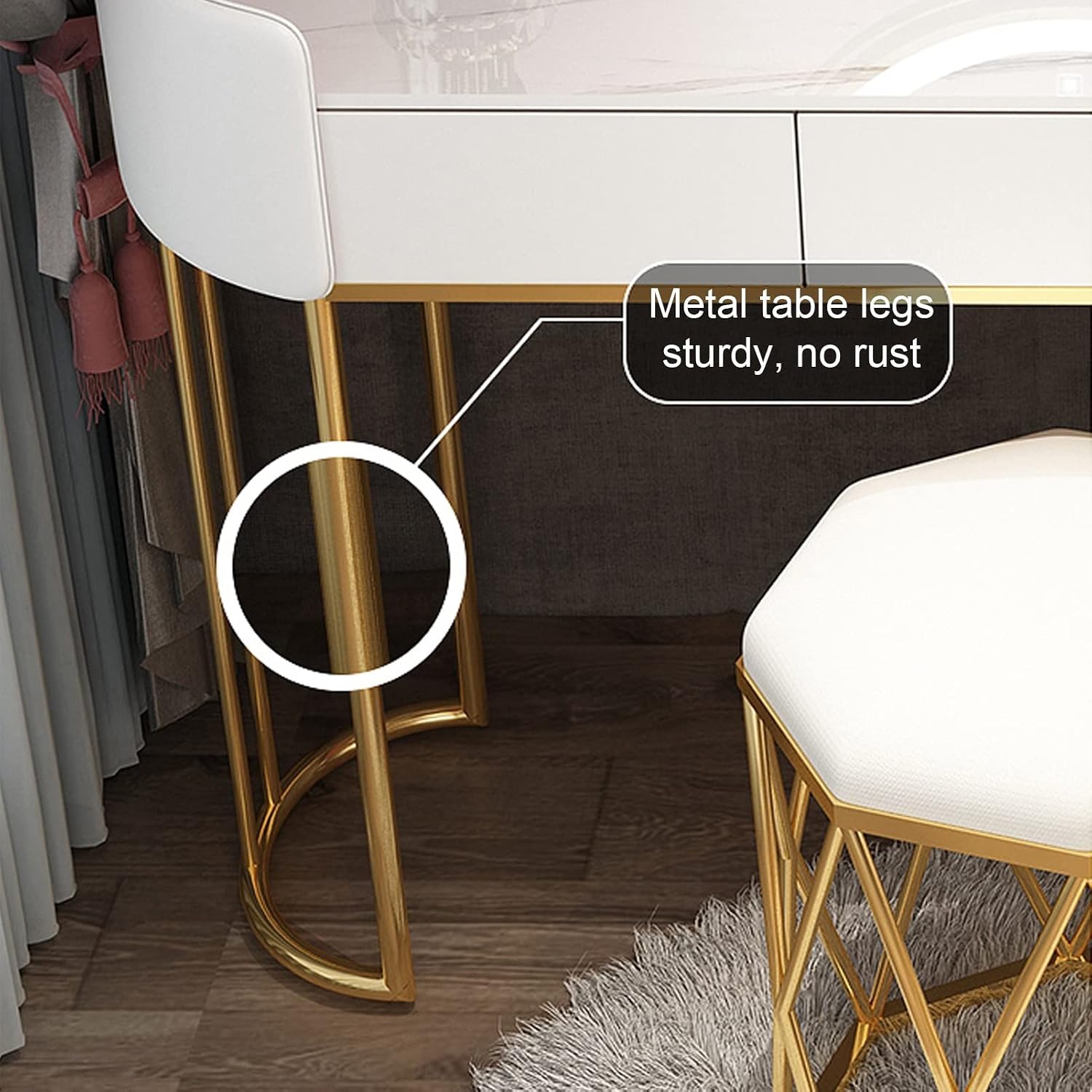 Dressing Table Makeup Vanity Table, with Adjustable LED Mirror 3 Color Lighting, Round Vanity Desk Bedside Table and Cushioned Stool Set, Bedroom Furniture Decor(Gray+White B-120cm/47.2in)