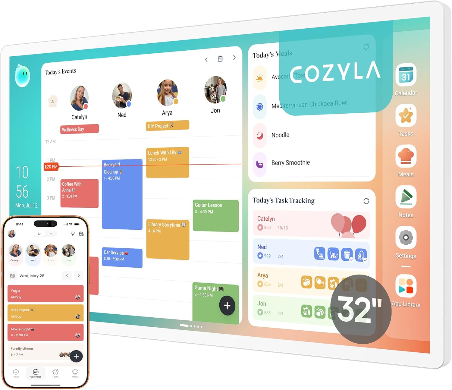 Cozyla Calendar Plus 2: 32' Smart Digital Calendar with Google Play Store | Customizable Dashboard, Electronic Touch Screen Wall Planner with Voice Agent, Chore Chart＆Reward, Meal Planner & Wall Mount