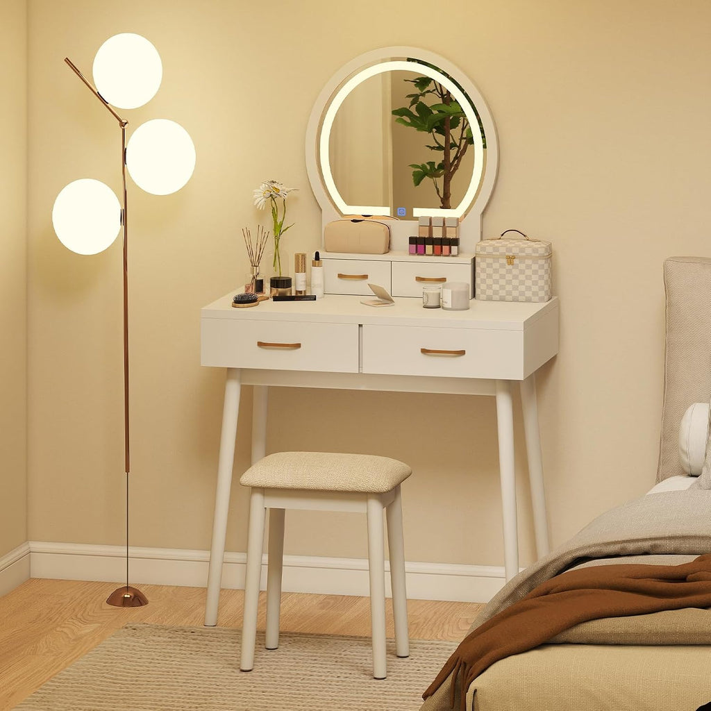CHARMAID Vanity Desk with Mirror and Lights, Modern Makeup Vanity Table with 4 Drawers, 3-Color Dimmable LED Mirror, Girls Dressing Table and Stool Set for Small Bedroom (White)
