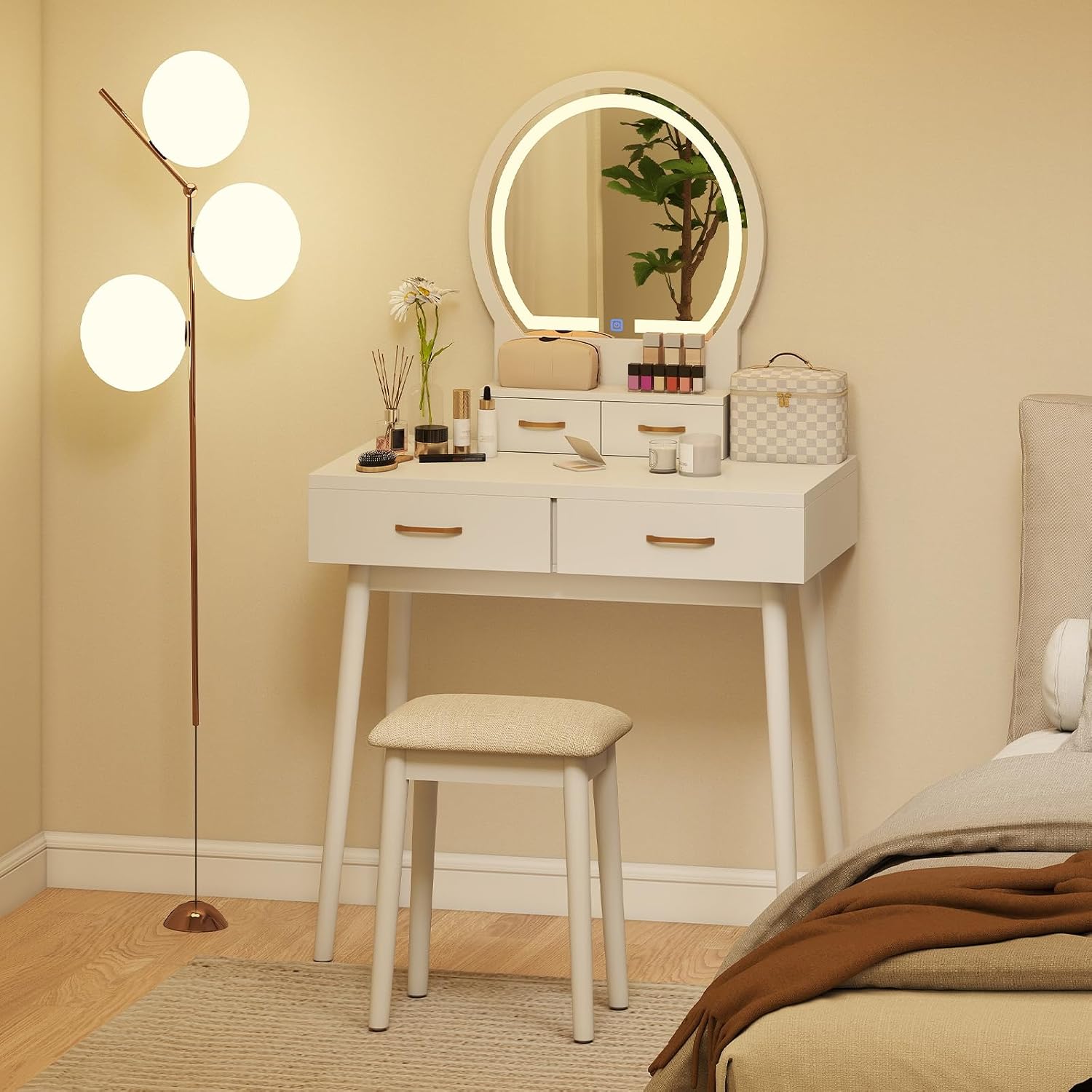 CHARMAID Vanity Desk with Mirror and Lights, Modern Makeup Vanity Table with 4 Drawers, 3-Color Dimmable LED Mirror, Girls Dressing Table and Stool Set for Small Bedroom (White)