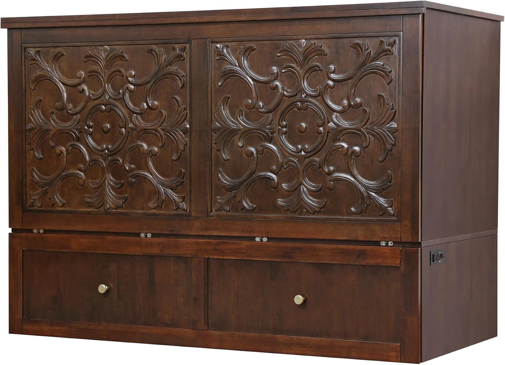 Mega Solutions Notturno Murphy Cabinet Bed Queen 8 inch Save Space in Style with Elegant Chestnut Wood Finish Charging Station - Guest Room or Small Apartment Must-Have